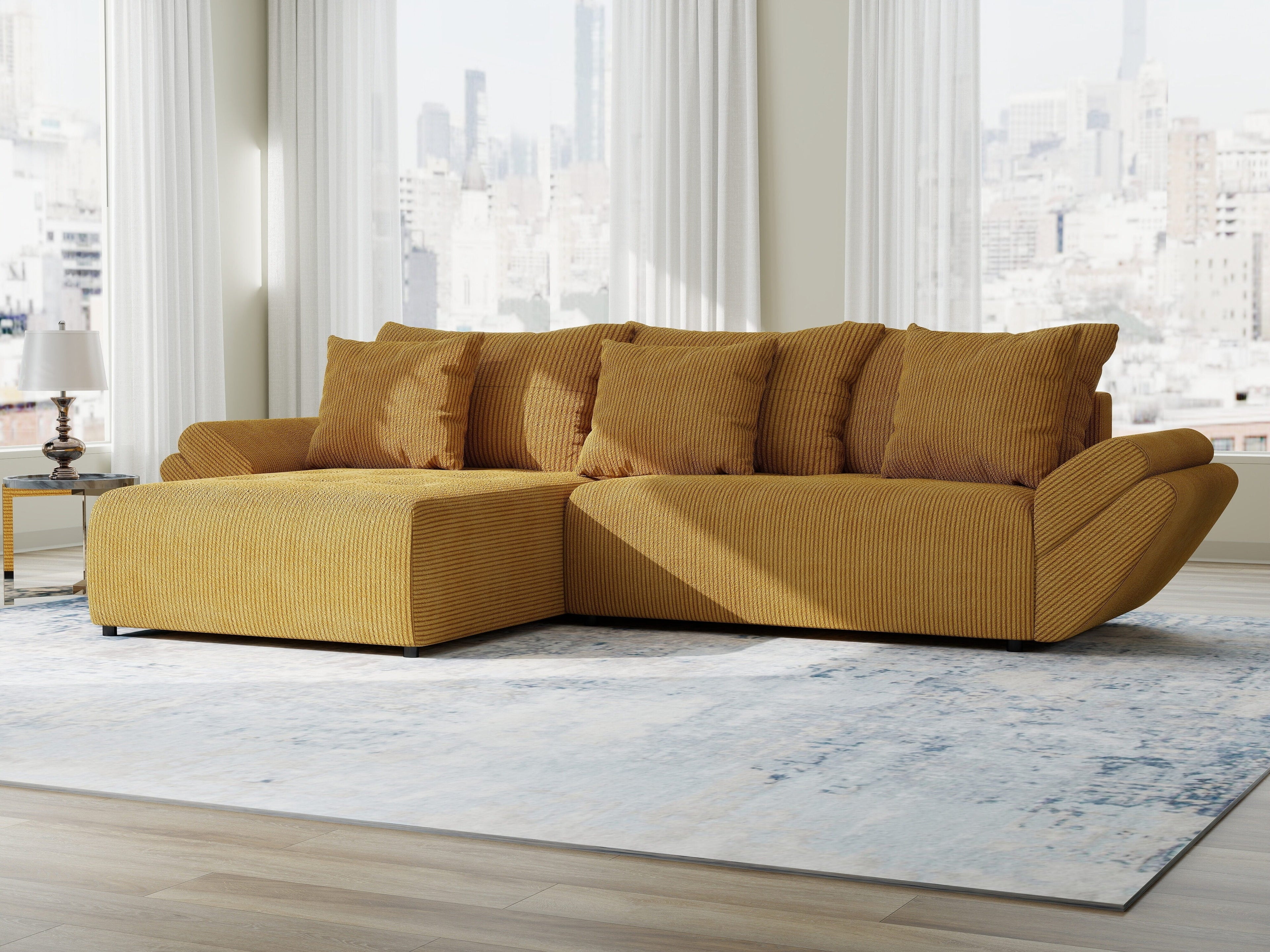 Colțar extensibil dumonde cu ladă de depozitare si sezut confortabil din spuma high-density, Berlin Zoom Mustrar 280x185 cm