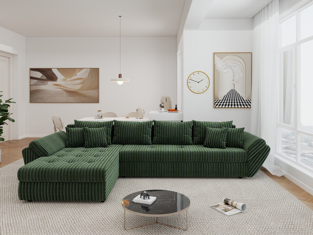 Colțar extensibil dumonde cu ladă de depozitare si sezut confortabil din spuma high-density, Loana XL Tilia Verde 335x185 cm