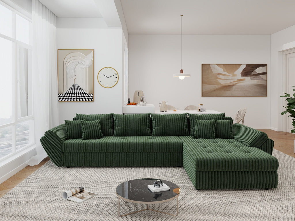Colțar extensibil dumonde cu ladă de depozitare si sezut confortabil din spuma high-density, Loana XL Tilia Verde II 335x185 cm
