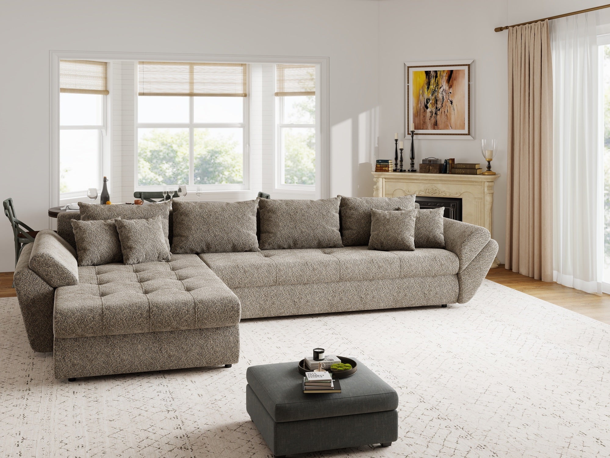 Colțar extensibil dumonde cu ladă de depozitare si sezut confortabil din spuma high-density, Loana XL Arena Maro 335x185 cm