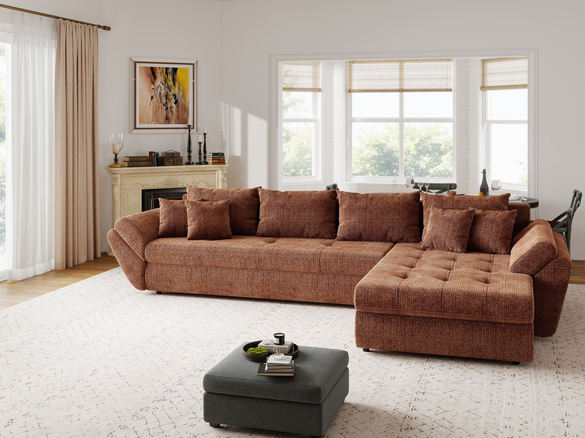 Colțar extensibil dumonde cu ladă de depozitare si sezut confortabil din spuma high-density, Loana XL Cremona Teracota II 335x185 cm
