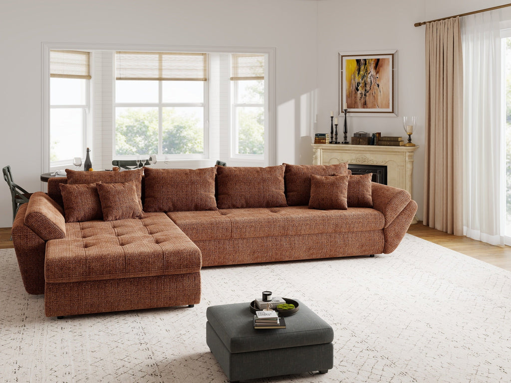 Colțar extensibil dumonde cu ladă de depozitare si sezut confortabil din spuma high-density, Loana XL Cremona Teracota 335x185 cm