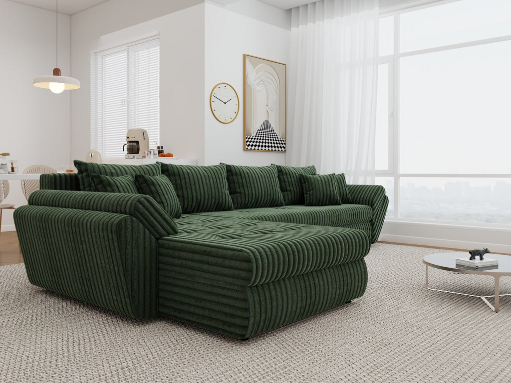 Colțar extensibil dumonde cu ladă de depozitare si sezut confortabil din spuma high-density, Loana XL Tilia Verde 335x185 cm