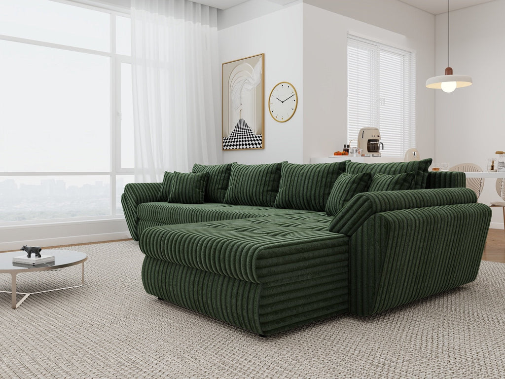 Colțar extensibil dumonde cu ladă de depozitare si sezut confortabil din spuma high-density, Loana XL Tilia Verde II 335x185 cm