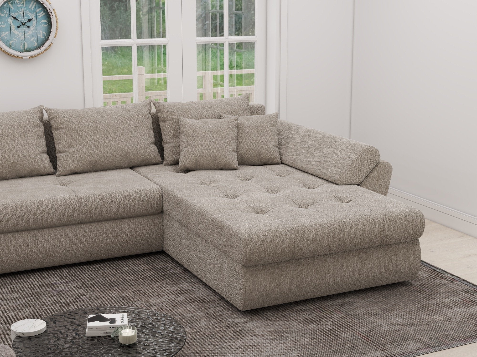 Colțar extensibil dumonde cu ladă de depozitare si sezut confortabil din spuma high-density, Loana XL Vibe Bej 06 II 335x185 cm