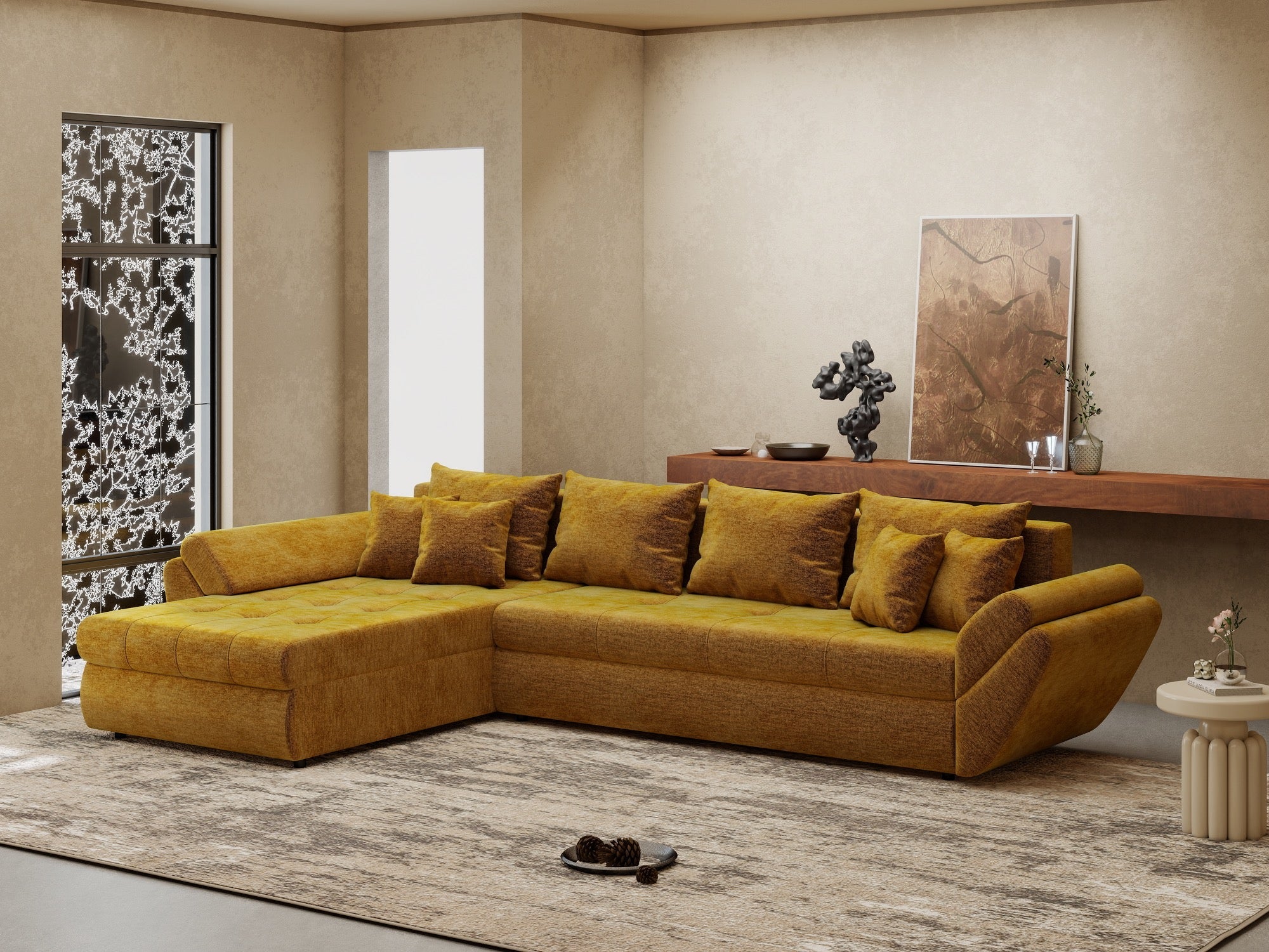 Colțar extensibil dumonde cu ladă de depozitare si sezut confortabil din spuma high-density, Loana XL Monolith Mustar 335x185 cm