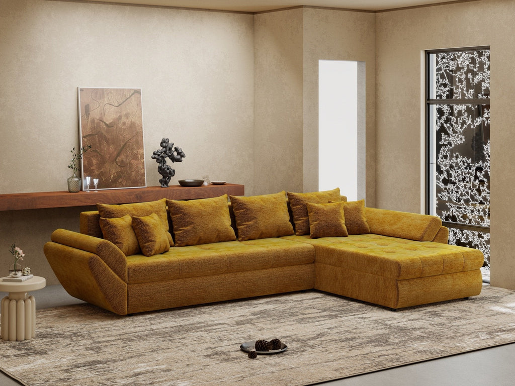 Colțar extensibil dumonde cu ladă de depozitare si sezut confortabil din spuma high-density, Loana XL Monolith Mustar II 335x185 cm