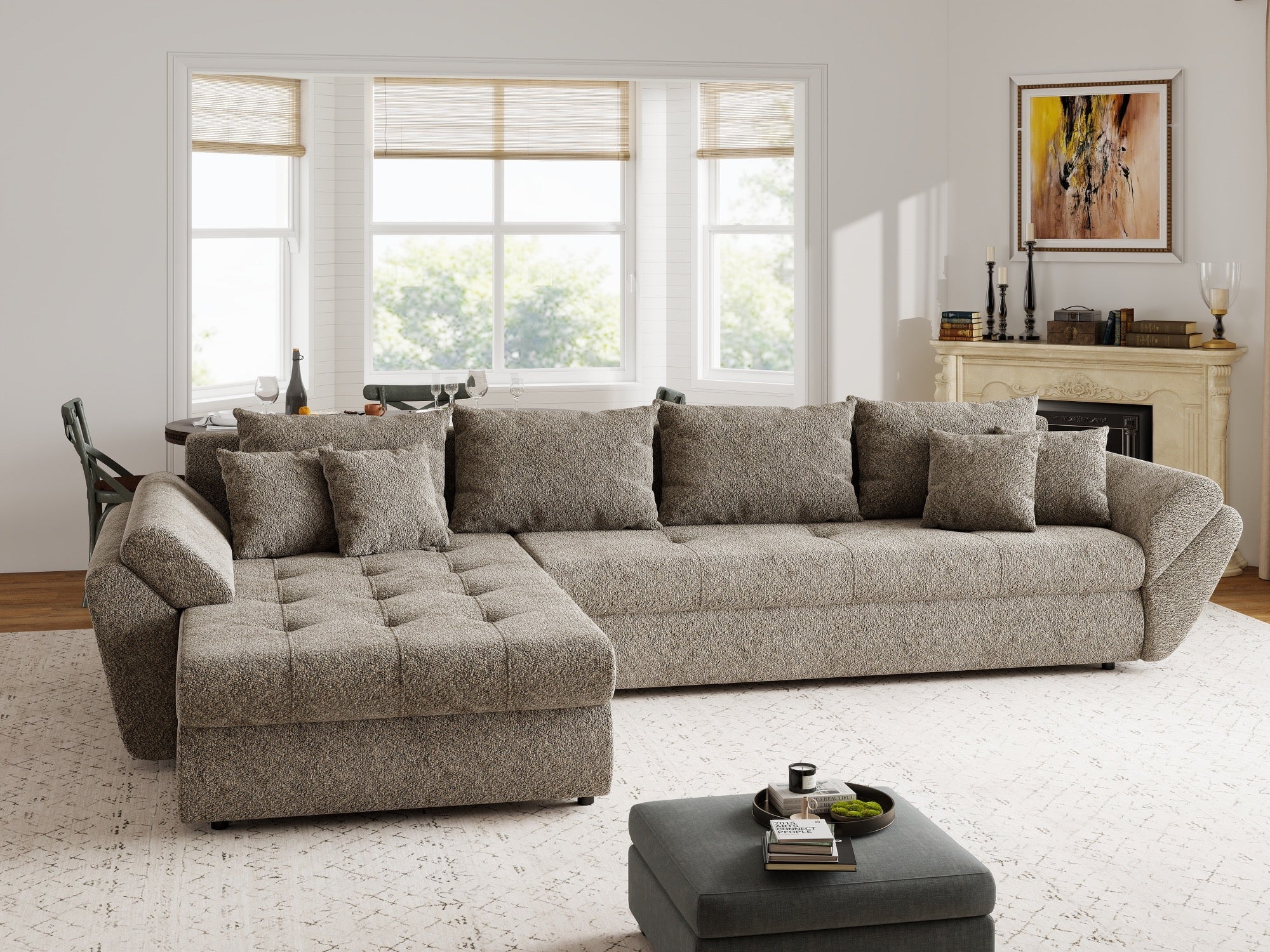 Colțar extensibil dumonde cu ladă de depozitare si sezut confortabil din spuma high-density, Loana XL Arena Maro 335x185 cm
