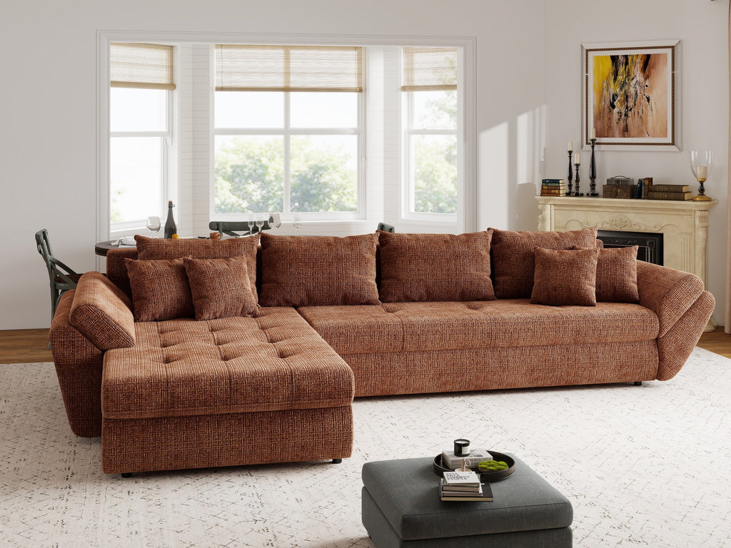 Colțar extensibil dumonde cu ladă de depozitare si sezut confortabil din spuma high-density, Loana XL Cremona Teracota 335x185 cm