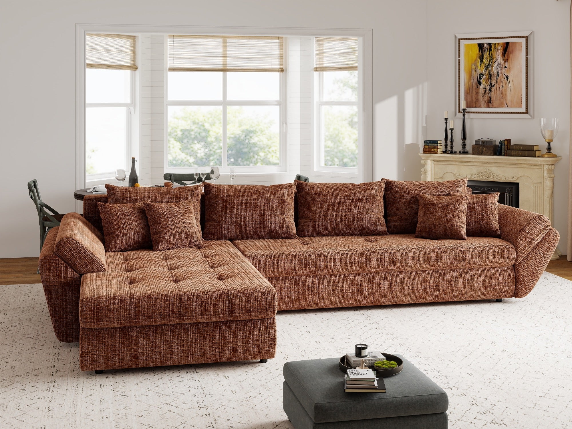 Colțar extensibil dumonde cu ladă de depozitare si sezut confortabil din spuma high-density, Loana XL Cremona Teracota 335x185 cm