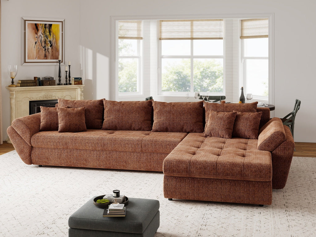 Colțar extensibil dumonde cu ladă de depozitare si sezut confortabil din spuma high-density, Loana XL Cremona Teracota II 335x185 cm