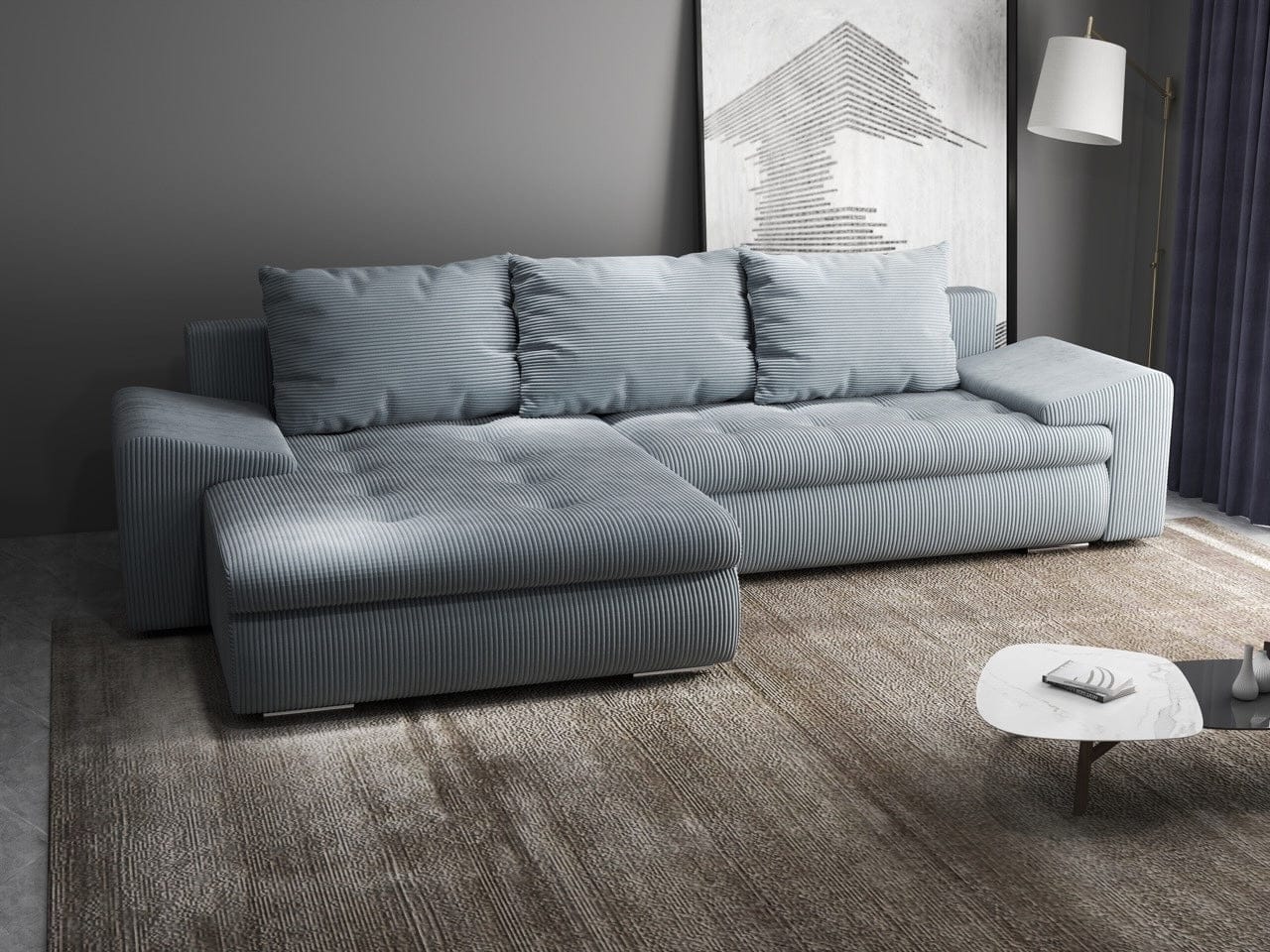 Colțar extensibil dumonde cu ladă de depozitare si sezut confortabil din spuma high-density, Leonardo Zoom Grey 260x185 cm