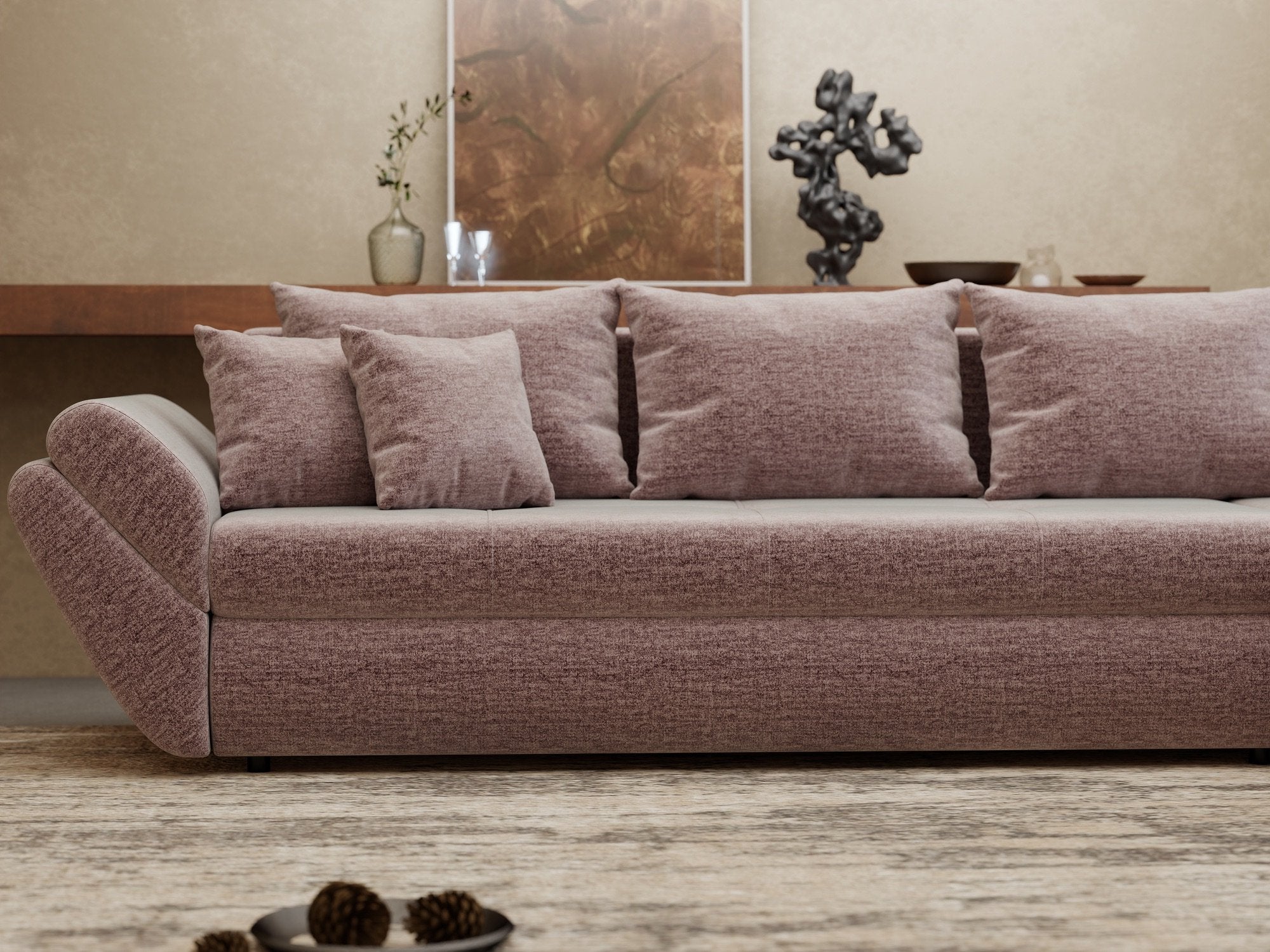 Colțar extensibil dumonde cu ladă de depozitare si sezut confortabil din spuma high-density, Loana XL Monolith Roz Pudrat II 335x185 cm