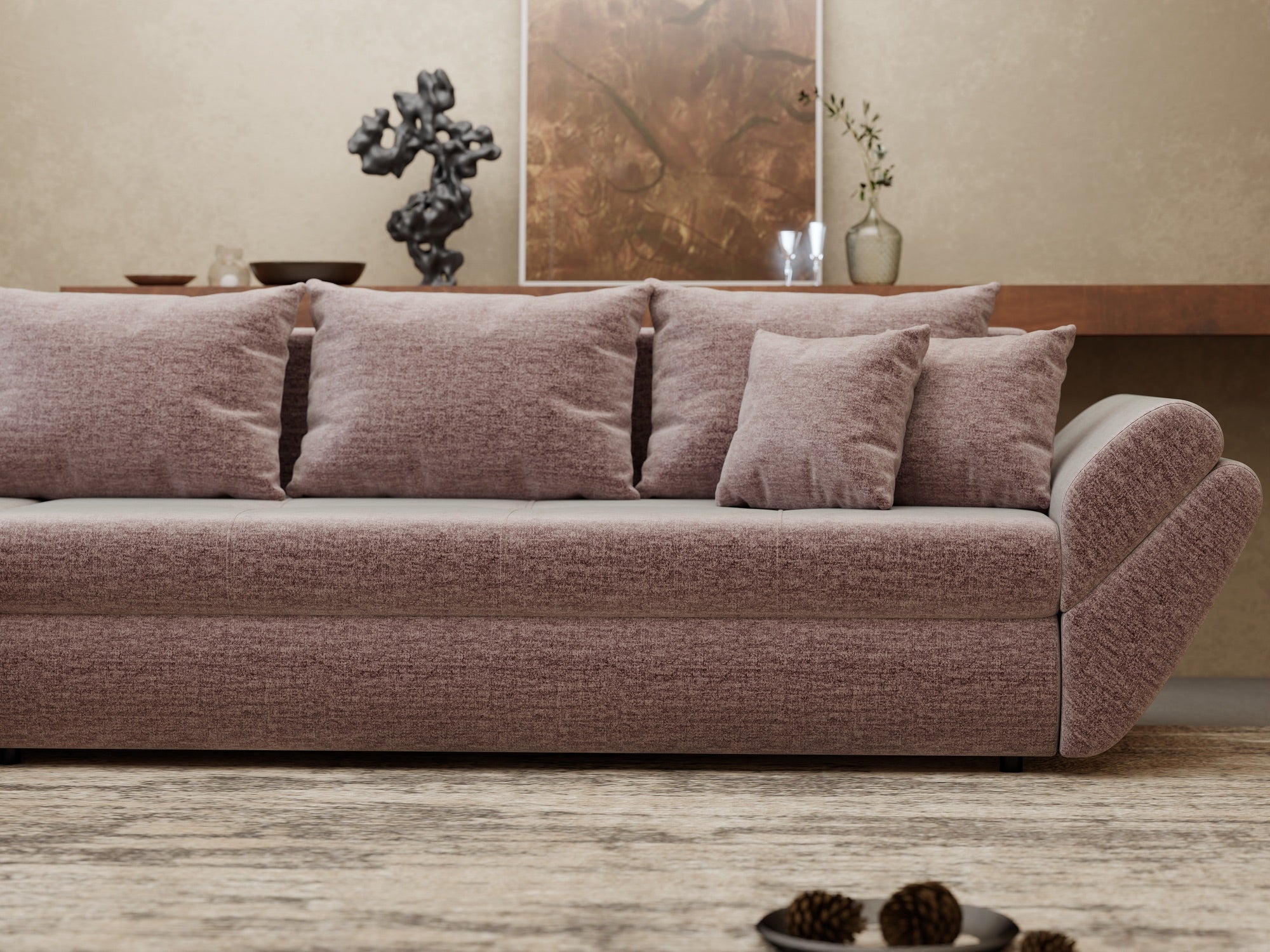 Colțar extensibil dumonde cu ladă de depozitare si sezut confortabil din spuma high-density, Loana XL Monolith Roz Pudrat 335x185 cm