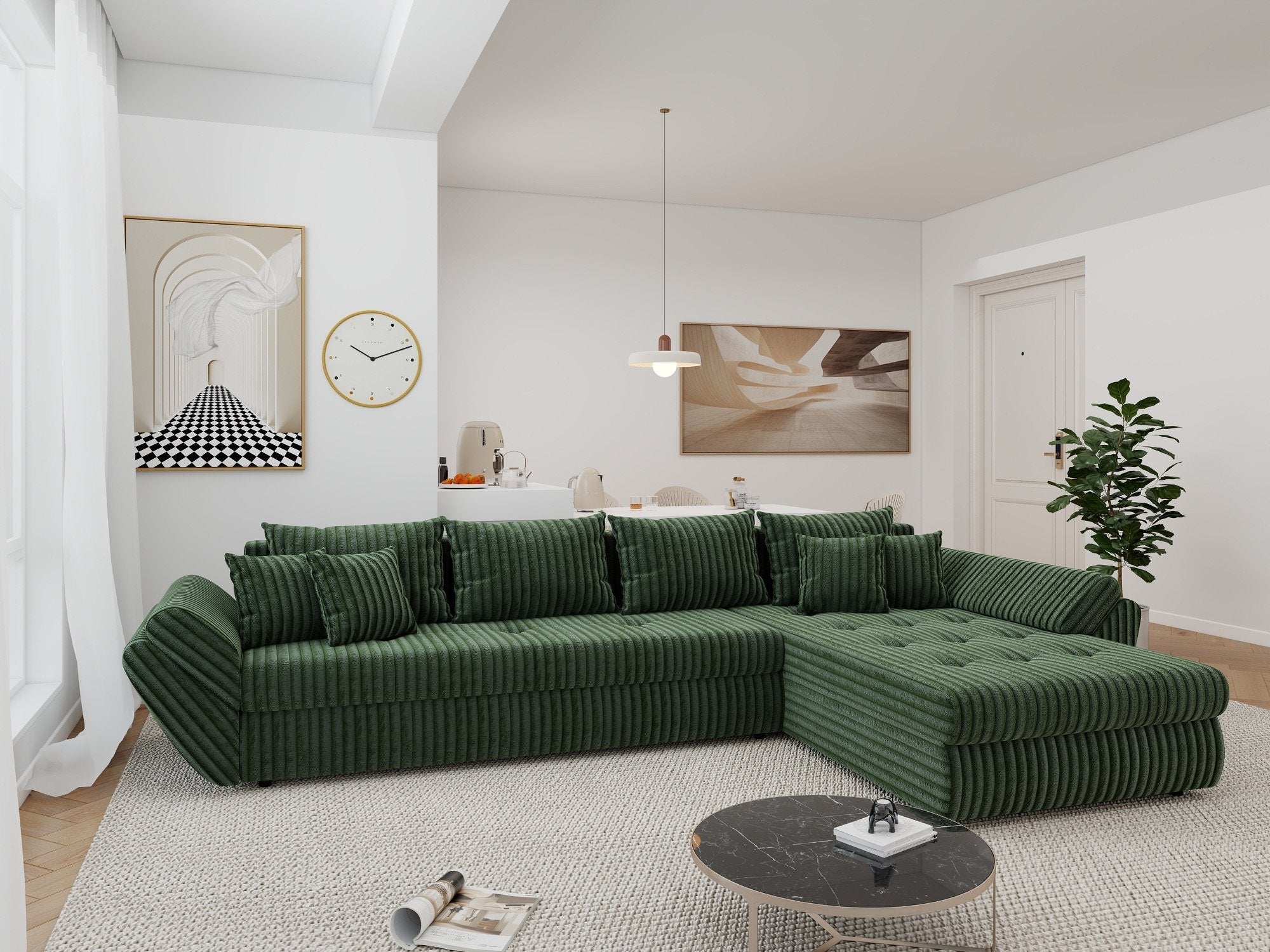 Colțar extensibil dumonde cu ladă de depozitare si sezut confortabil din spuma high-density, Loana XL Tilia Verde II 335x185 cm