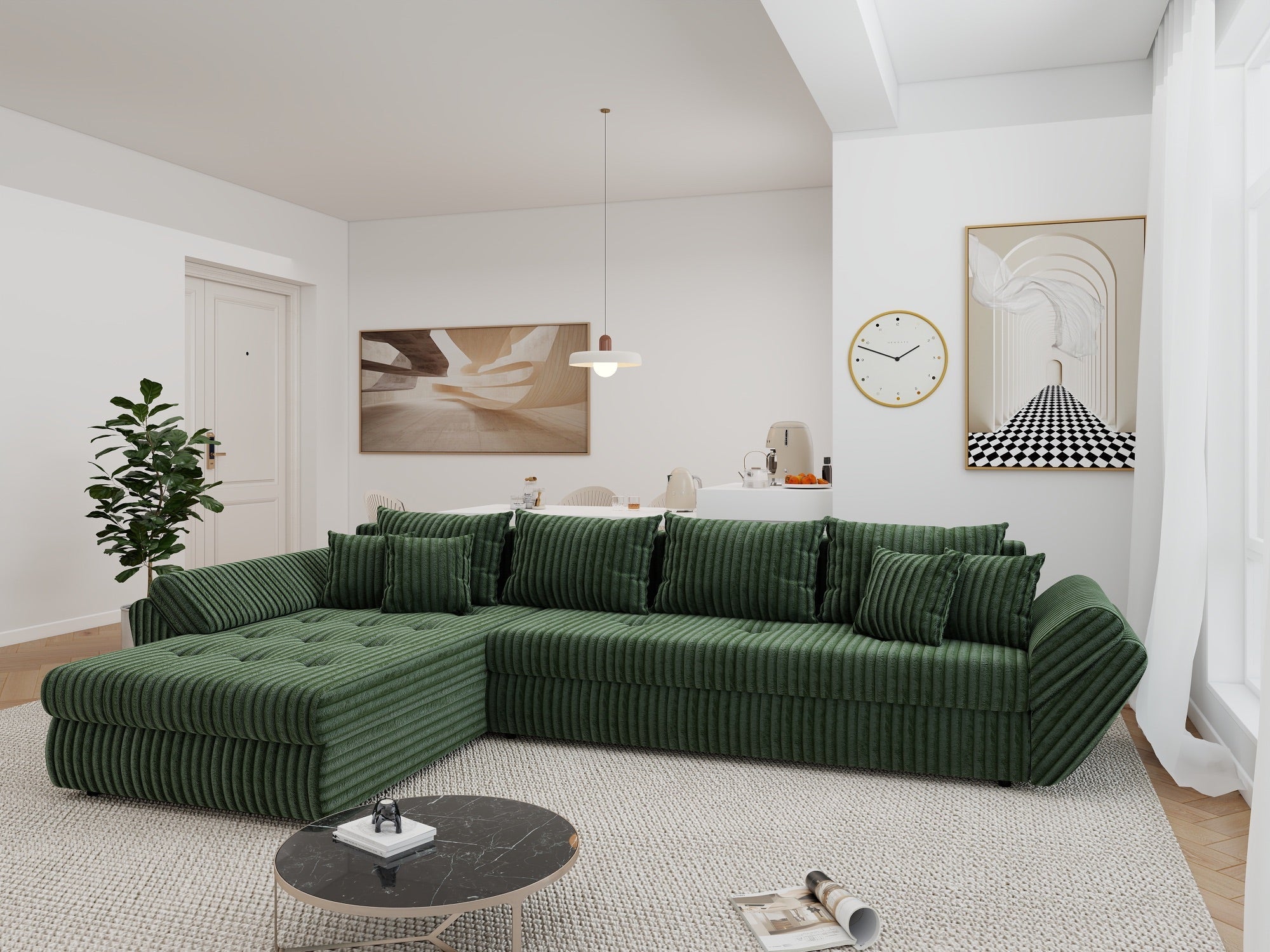 Colțar extensibil dumonde cu ladă de depozitare si sezut confortabil din spuma high-density, Loana XL Tilia Verde 335x185 cm