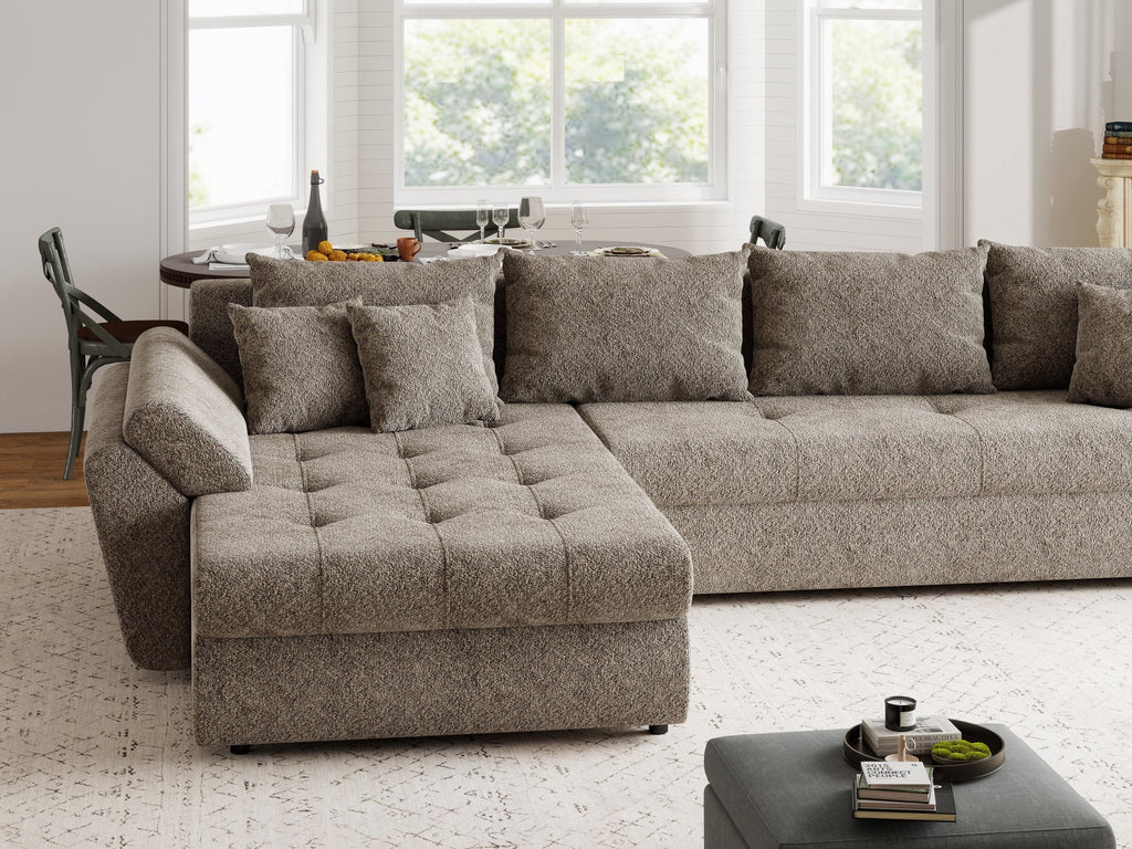 Colțar extensibil dumonde cu ladă de depozitare si sezut confortabil din spuma high-density, Loana XL Arena Maro 335x185 cm