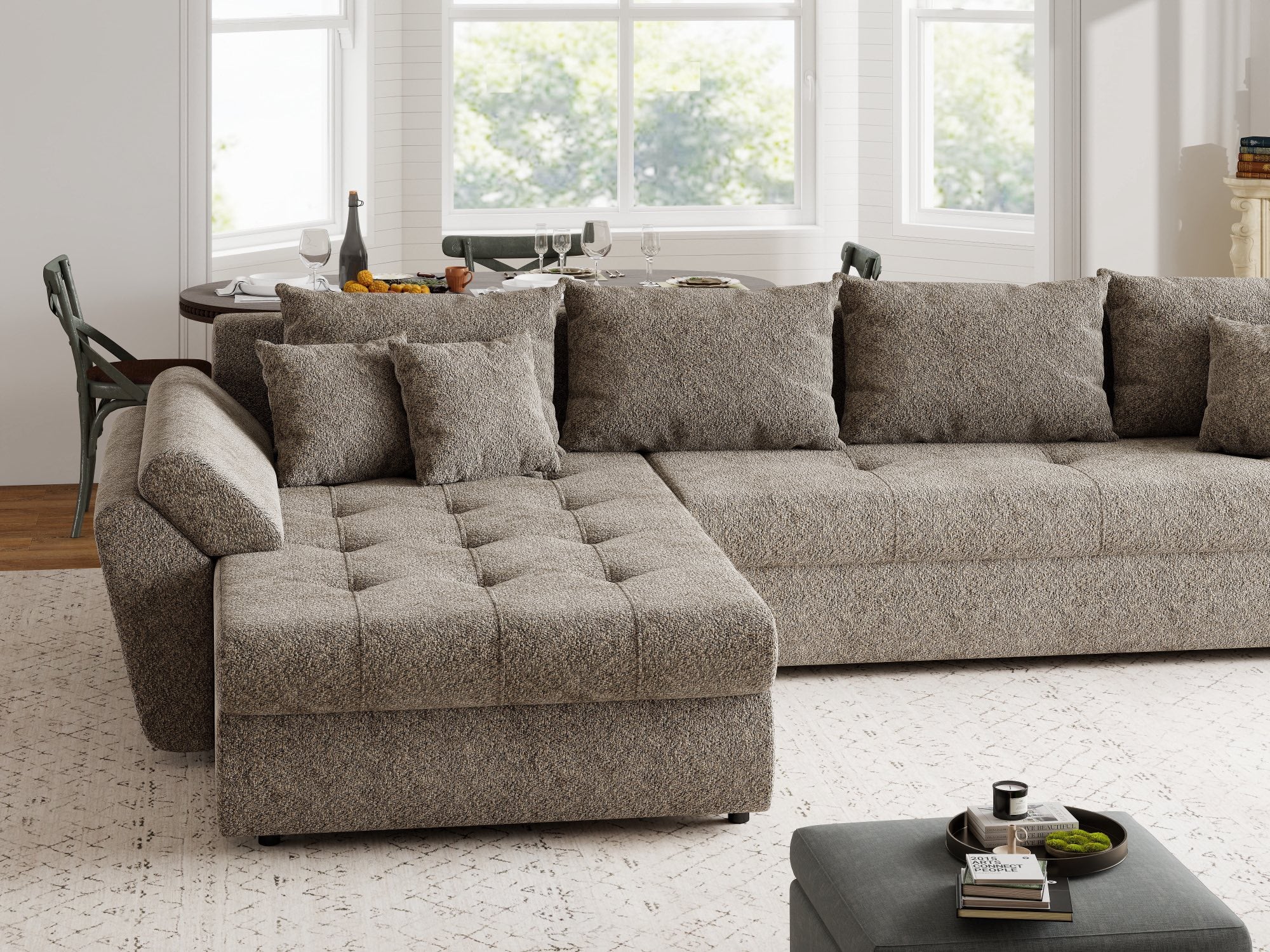 Colțar extensibil dumonde cu ladă de depozitare si sezut confortabil din spuma high-density, Loana XL Arena Maro 335x185 cm