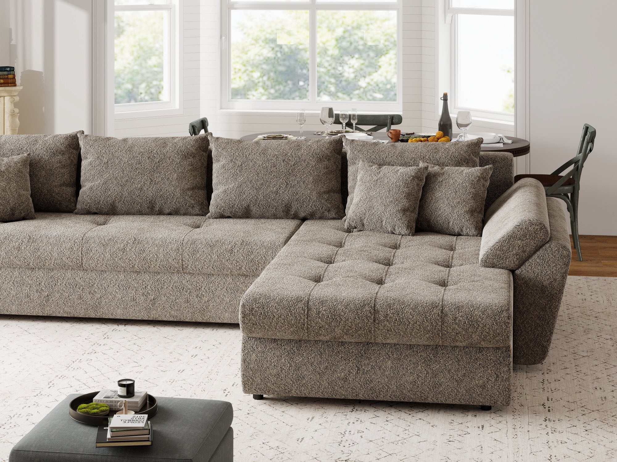 Colțar extensibil dumonde cu ladă de depozitare si sezut confortabil din spuma high-density, Loana XL Arena Maro II 335x185 cm
