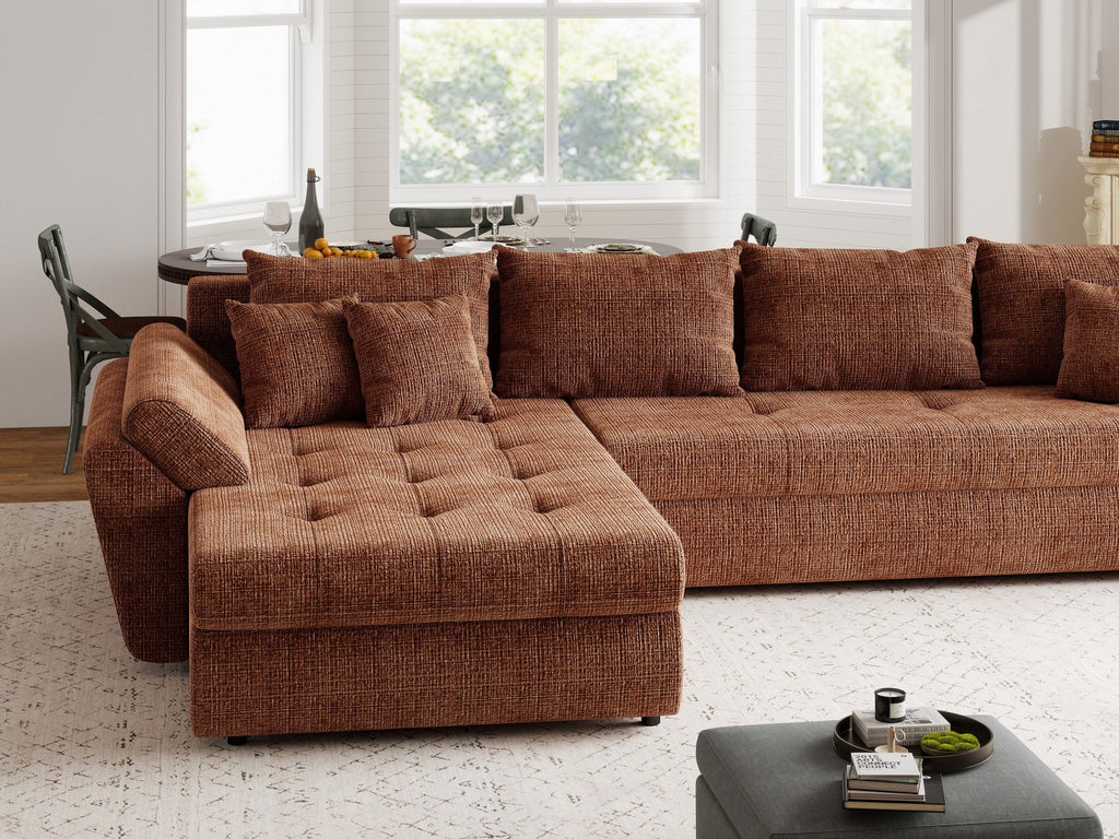 Colțar extensibil dumonde cu ladă de depozitare si sezut confortabil din spuma high-density, Loana XL Cremona Teracota 335x185 cm