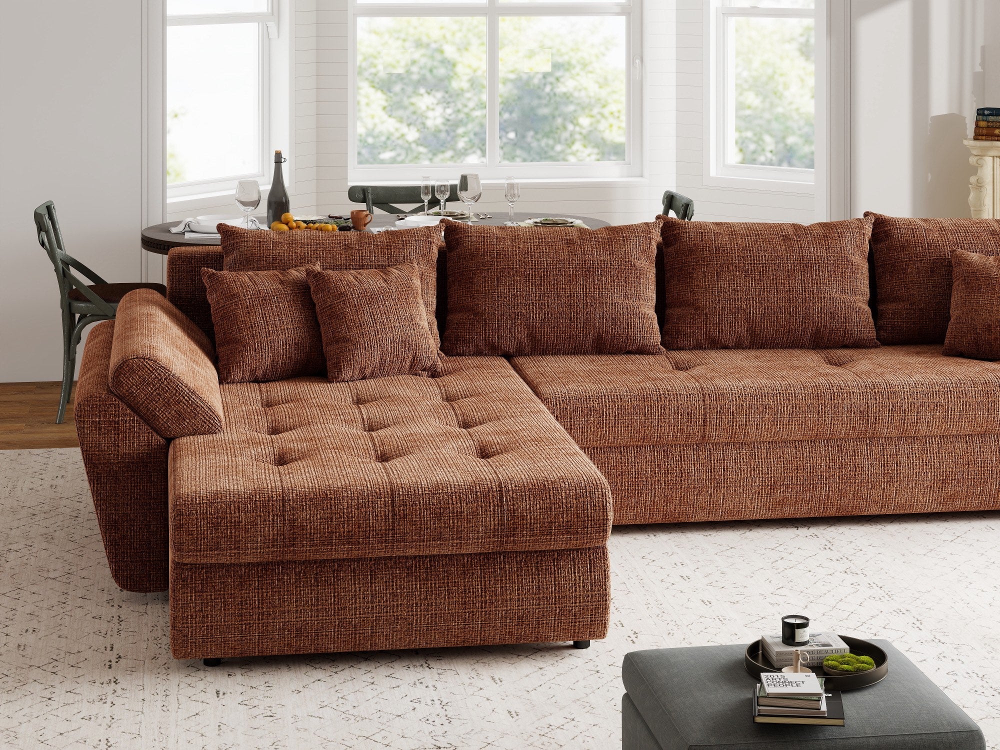 Colțar extensibil dumonde cu ladă de depozitare si sezut confortabil din spuma high-density, Loana XL Cremona Teracota 335x185 cm