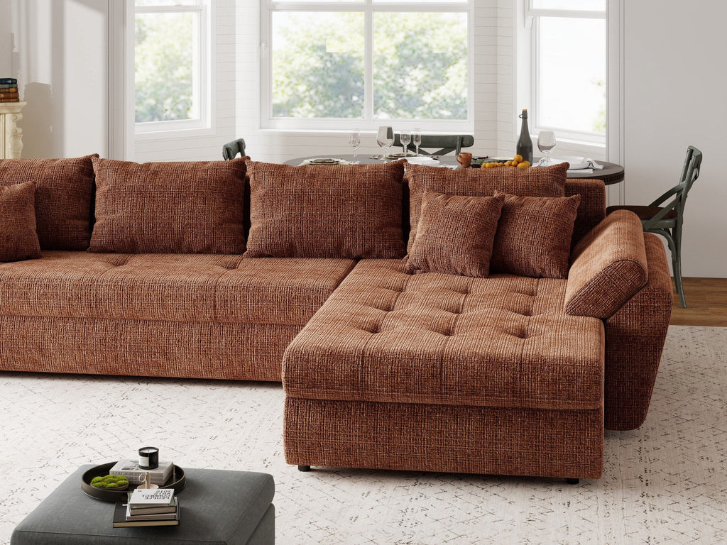 Colțar extensibil dumonde cu ladă de depozitare si sezut confortabil din spuma high-density, Loana XL Cremona Teracota II 335x185 cm
