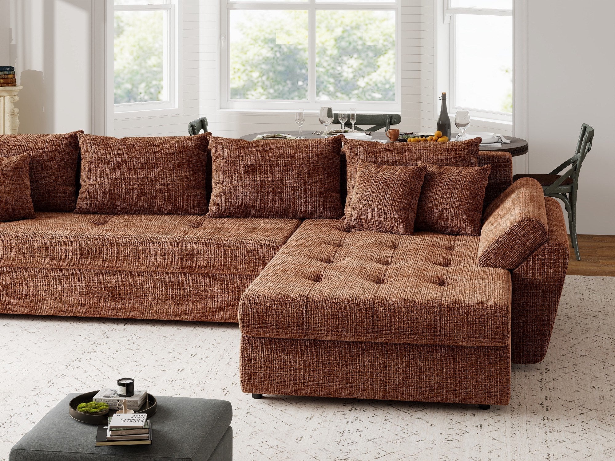 Colțar extensibil dumonde cu ladă de depozitare si sezut confortabil din spuma high-density, Loana XL Cremona Teracota II 335x185 cm