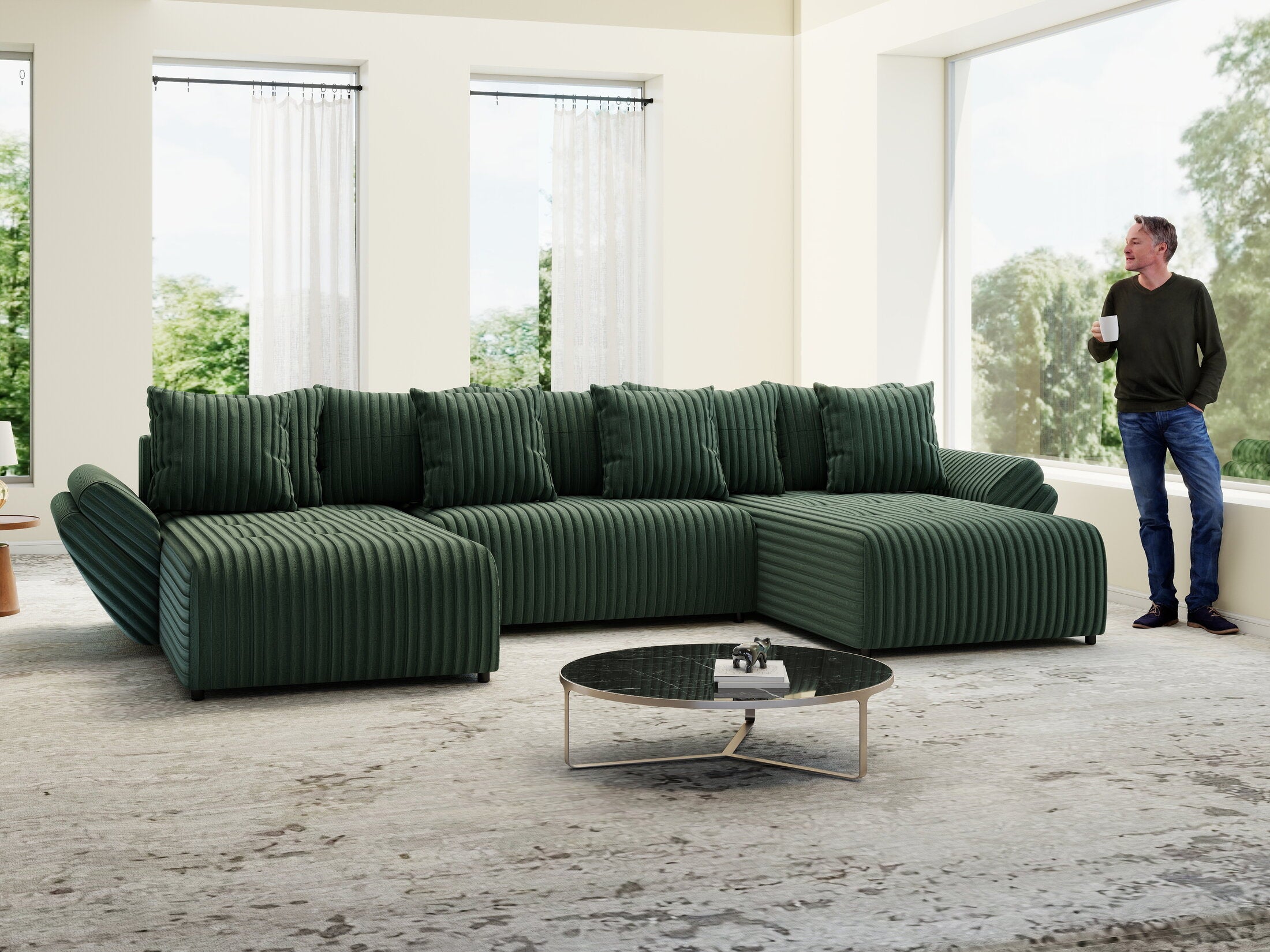 Colțar extensibil dumonde cu ladă de depozitare si sezut confortabil din spuma high-density, Berlin U Ambience Green 380x180 cm
