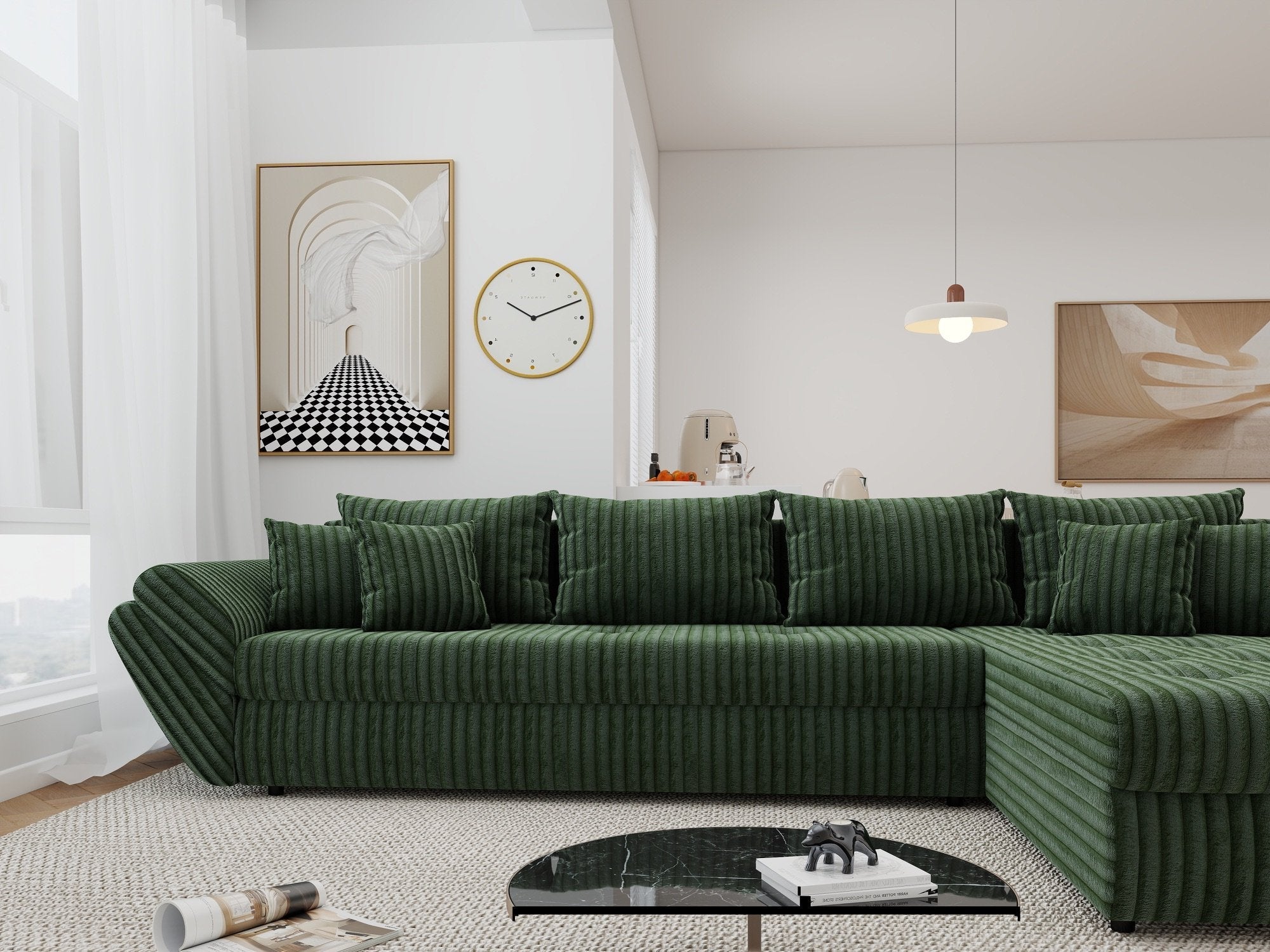 Colțar extensibil dumonde cu ladă de depozitare si sezut confortabil din spuma high-density, Loana XL Tilia Verde II 335x185 cm