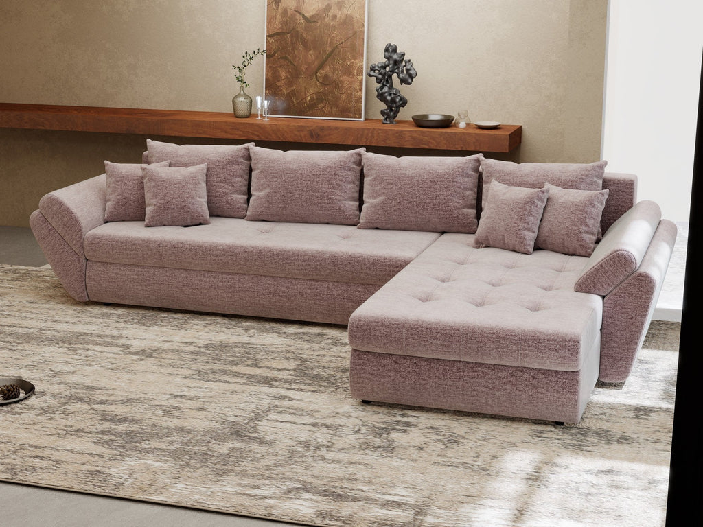 Colțar extensibil dumonde cu ladă de depozitare si sezut confortabil din spuma high-density, Loana XL Monolith Roz Pudrat II 335x185 cm
