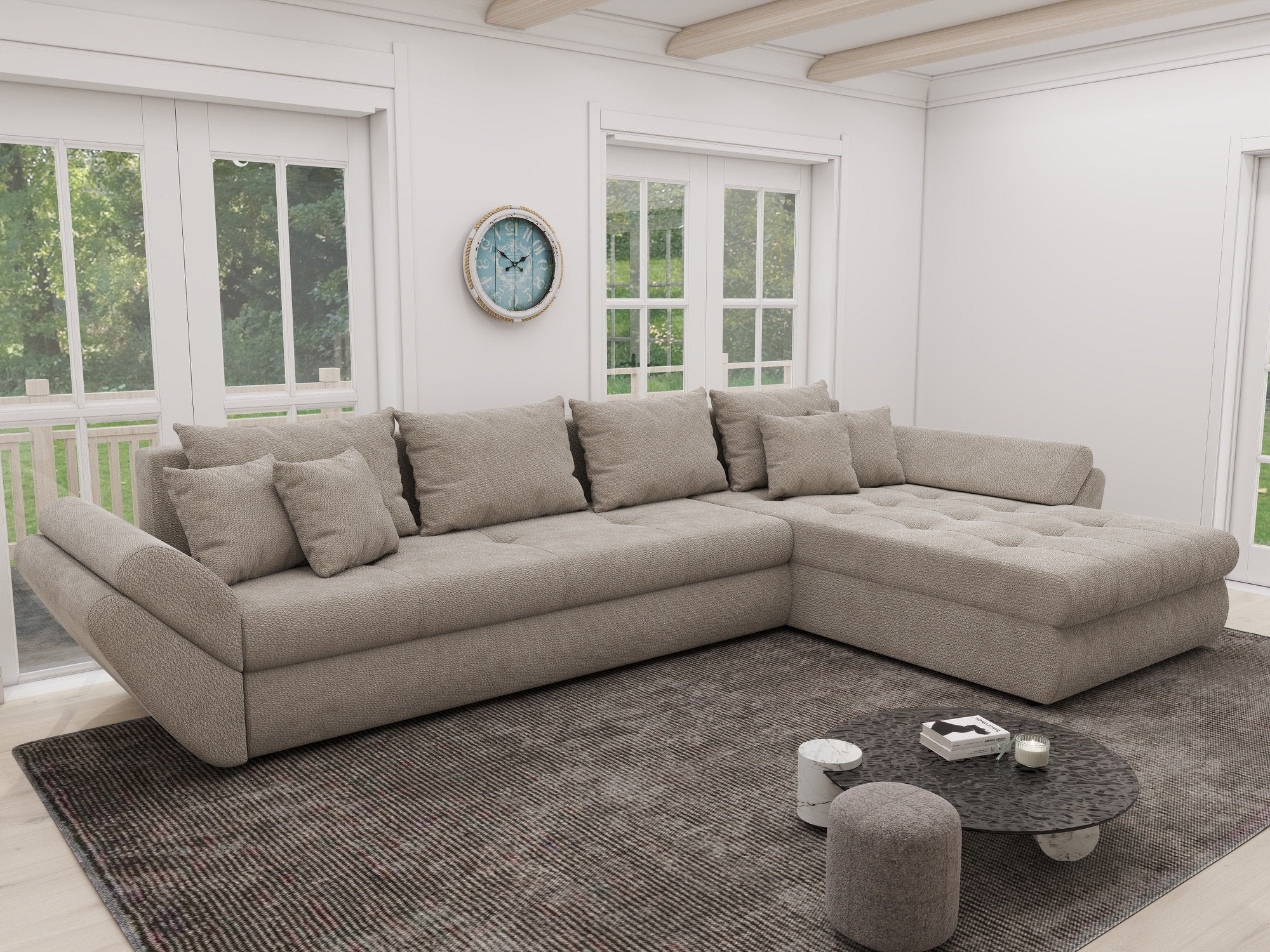 Colțar extensibil dumonde cu ladă de depozitare si sezut confortabil din spuma high-density, Loana XL Vibe Bej 06 II 335x185 cm