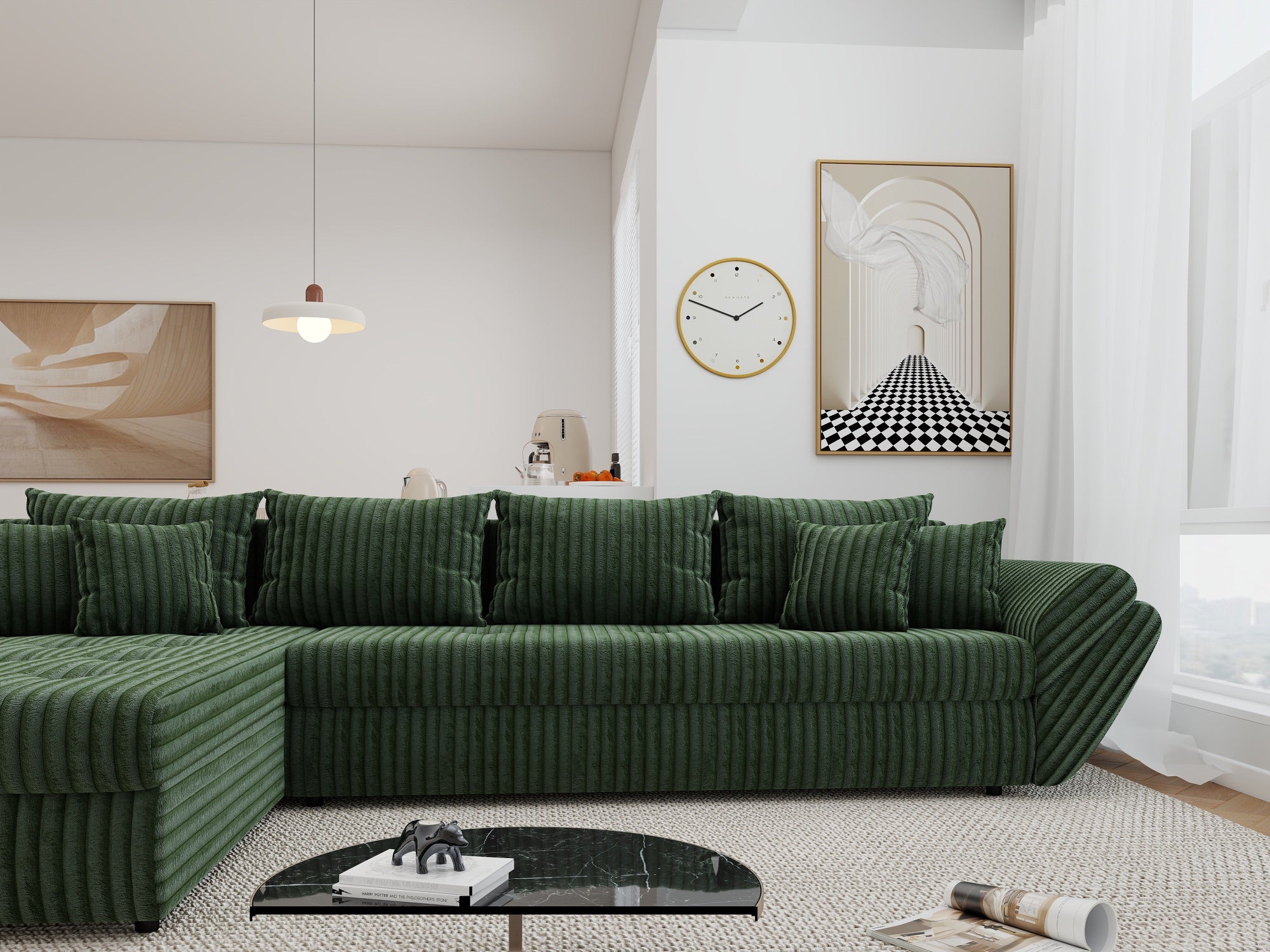 Colțar extensibil dumonde cu ladă de depozitare si sezut confortabil din spuma high-density, Loana XL Tilia Verde 335x185 cm