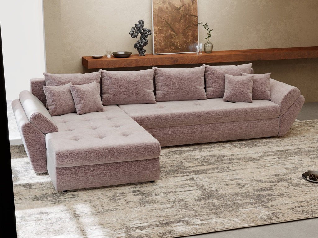 Colțar extensibil dumonde cu ladă de depozitare si sezut confortabil din spuma high-density, Loana XL Monolith Roz Pudrat 335x185 cm