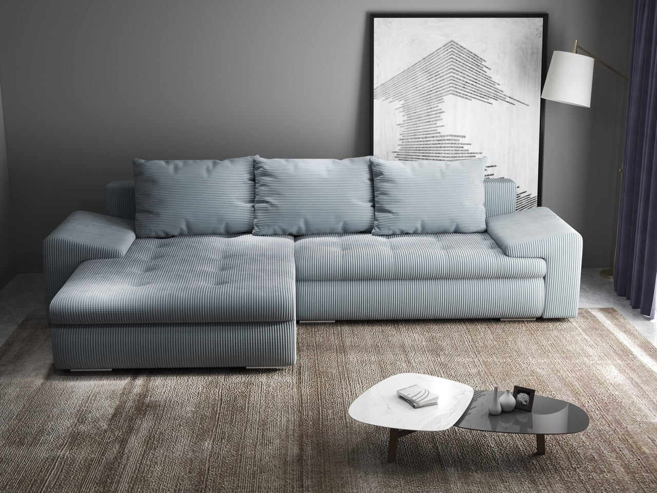 Colțar extensibil dumonde cu ladă de depozitare si sezut confortabil din spuma high-density, Leonardo Zoom Grey 260x185 cm
