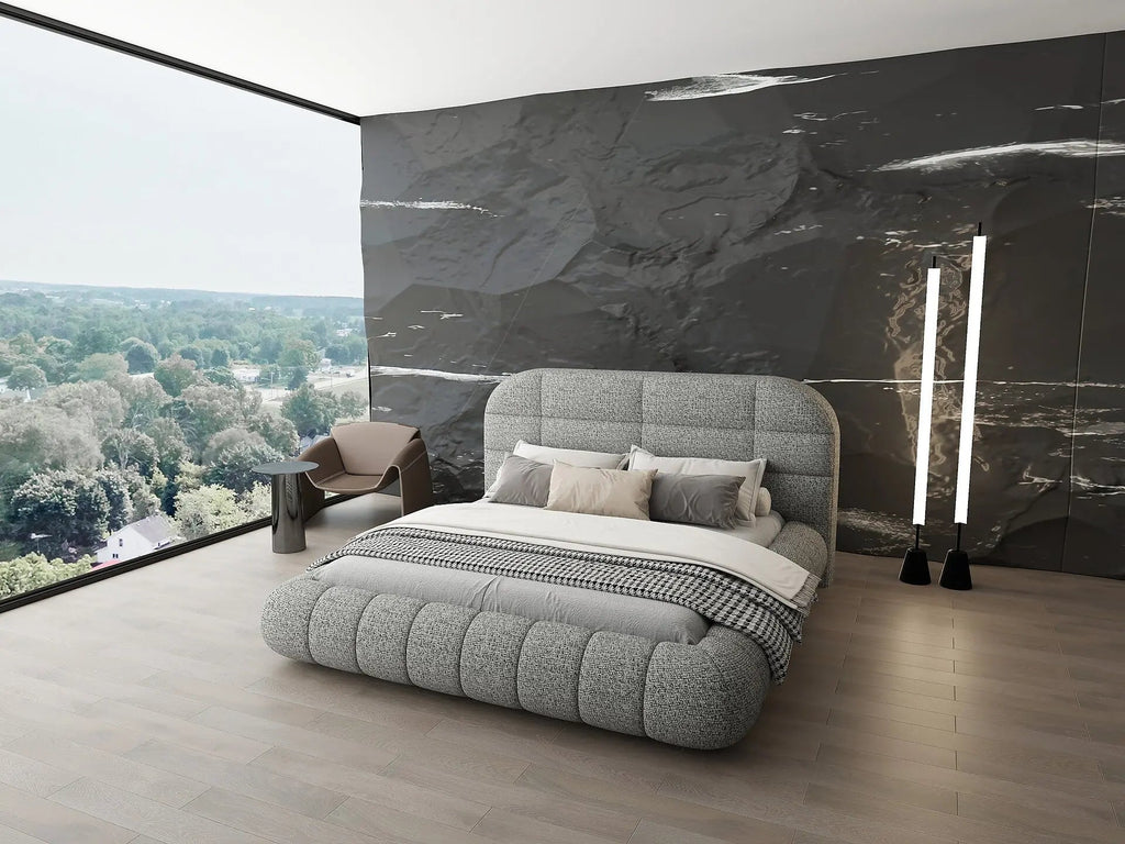 Pat dormitor dumonde, tapitat gri, Senso 180x200 cm, somiera rabatabila inclusa, spatiu depozitare