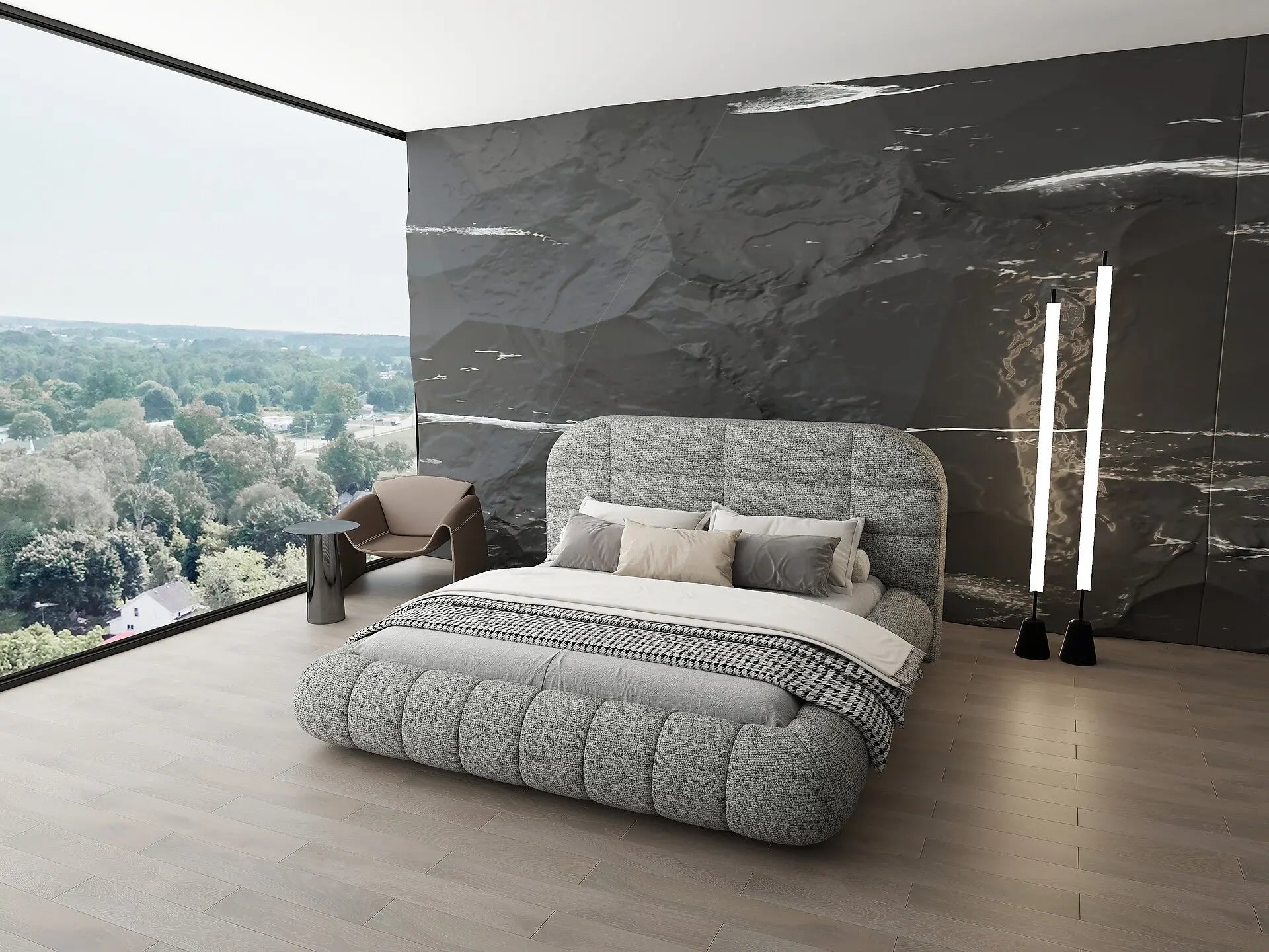 Pat dormitor dumonde, tapitat gri, Senso 180x200 cm, somiera rabatabila inclusa, spatiu depozitare