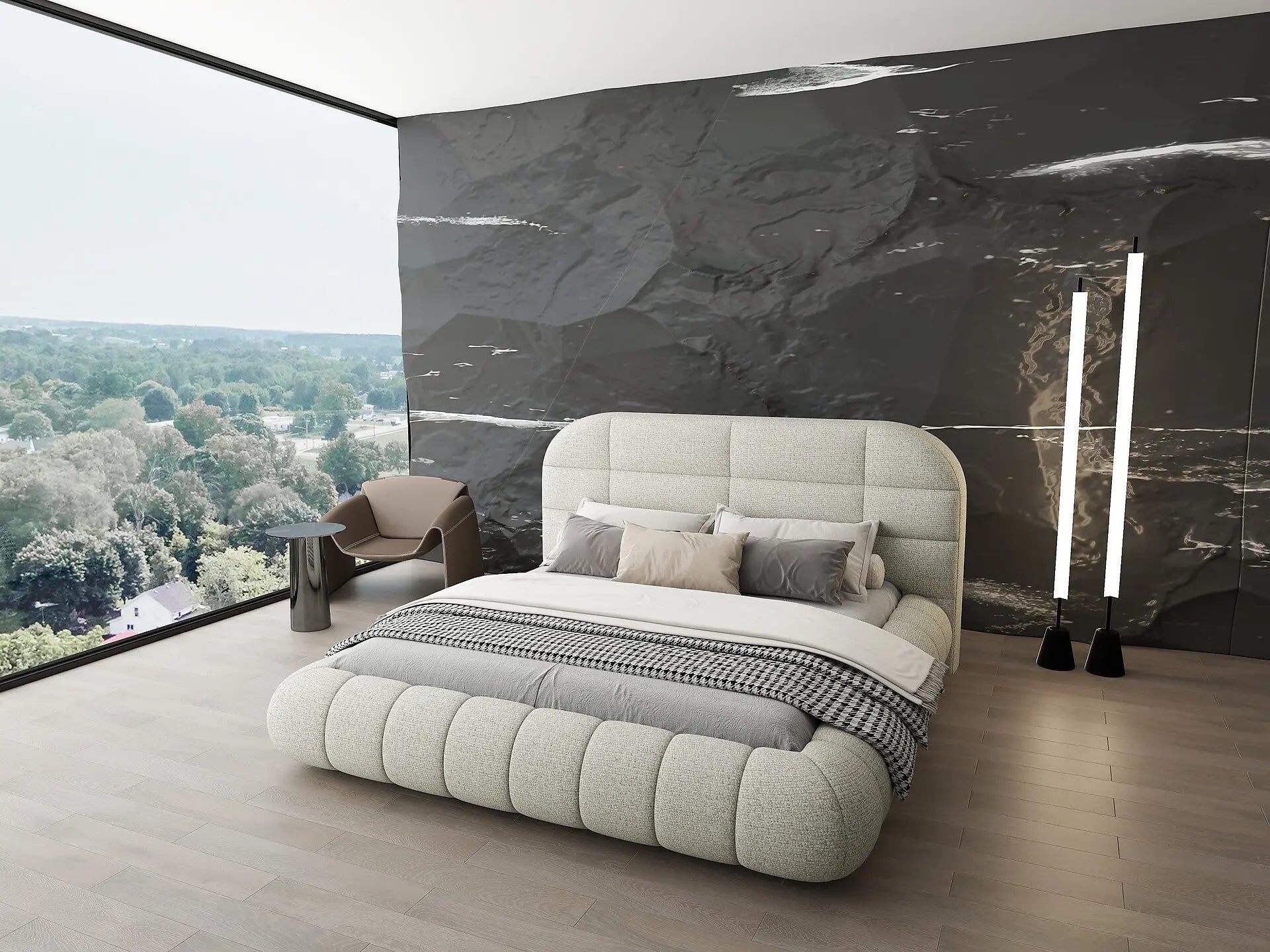 Pat dormitor dumonde, tapitat bej, Senso 180x200 cm, somiera rabatabila inclusa, spatiu depozitare