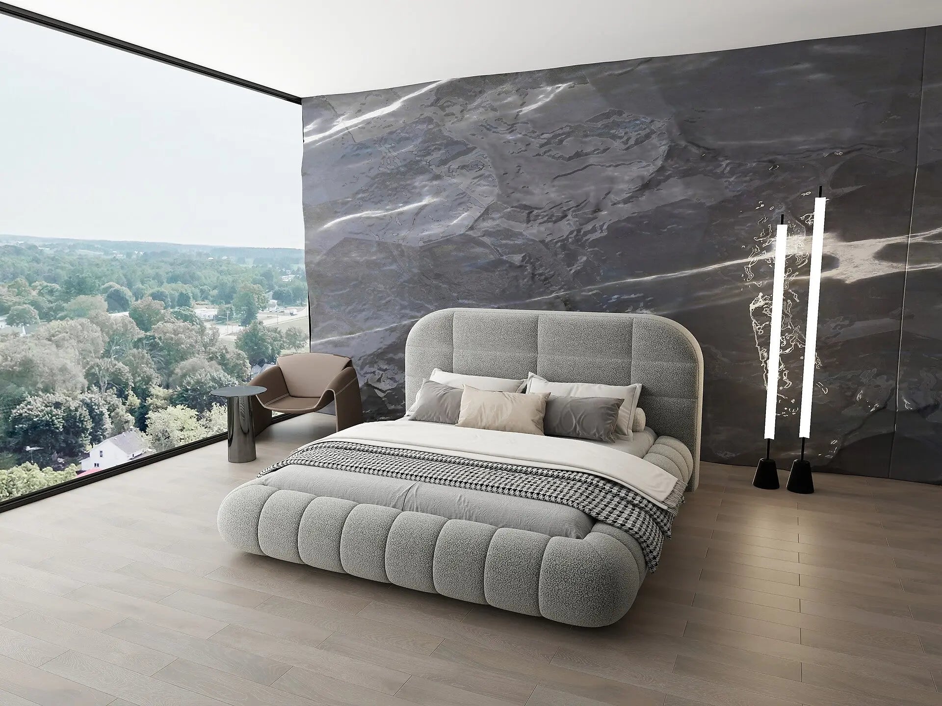 Pat dormitor dumonde, tapitat gri, Senso 160x200 cm, somiera rabatabila inclusa, spatiu depozitare