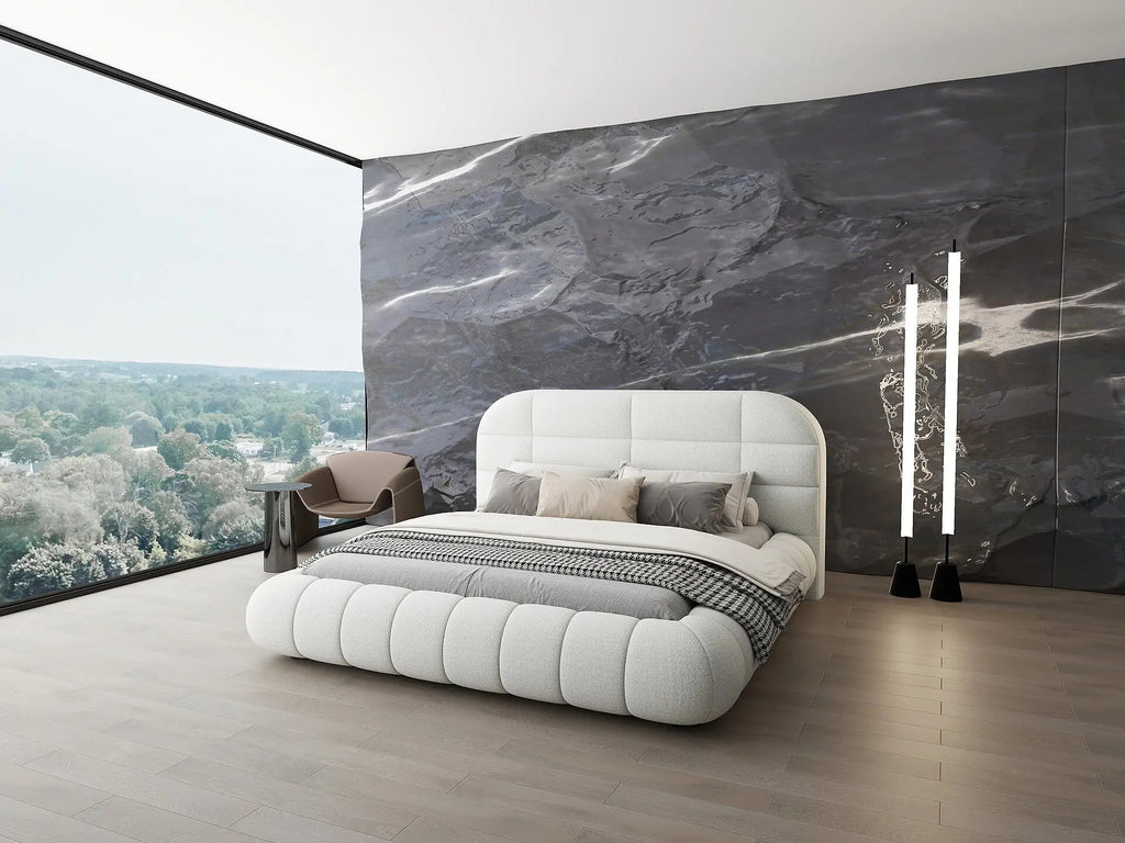 Pat dormitor dumonde, tapitat alb, Senso 160x200 cm, somiera rabatabila inclusa, spatiu depozitare