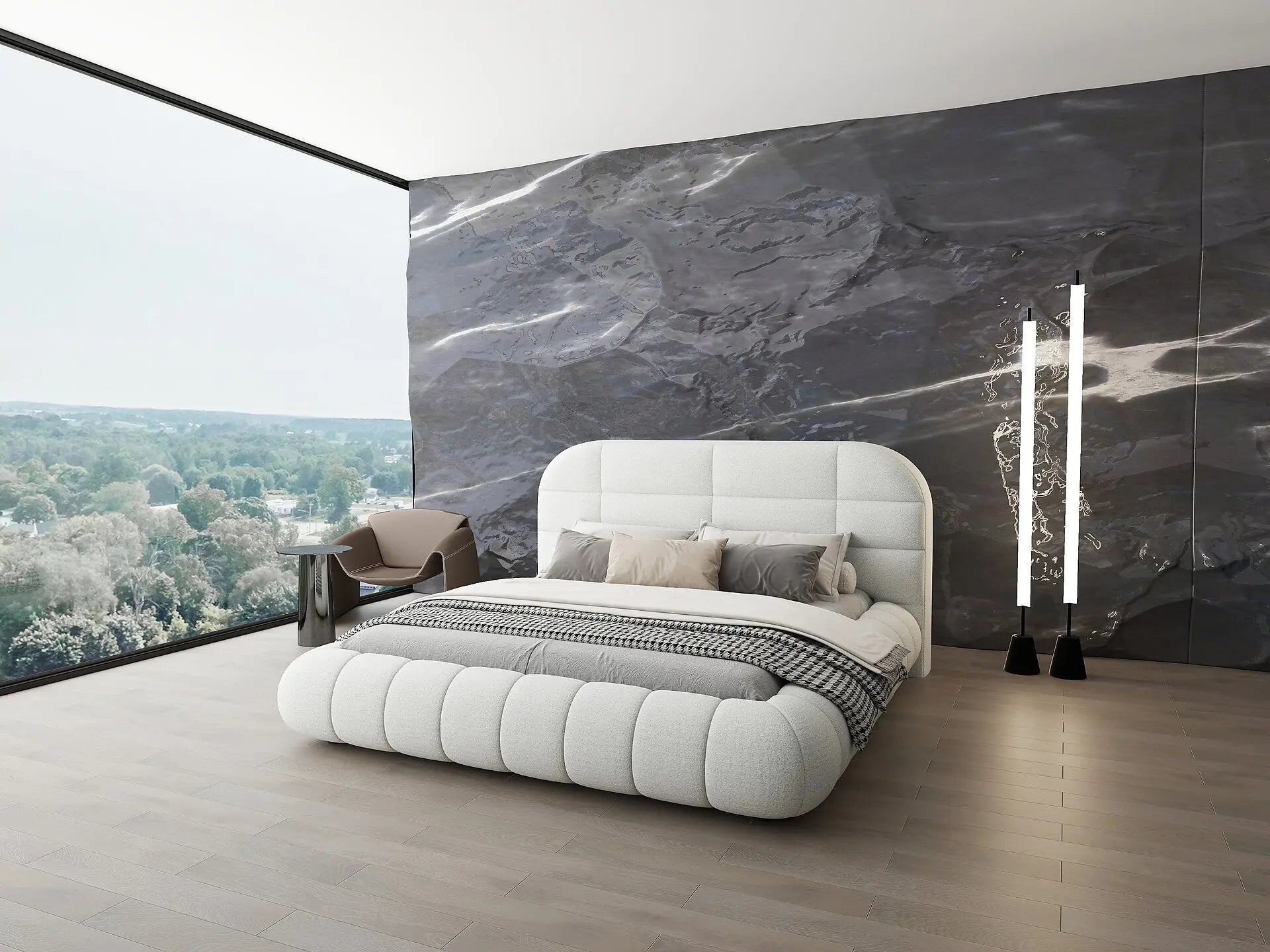 Pat dormitor dumonde, tapitat alb, Senso 160x200 cm, somiera rabatabila inclusa, spatiu depozitare