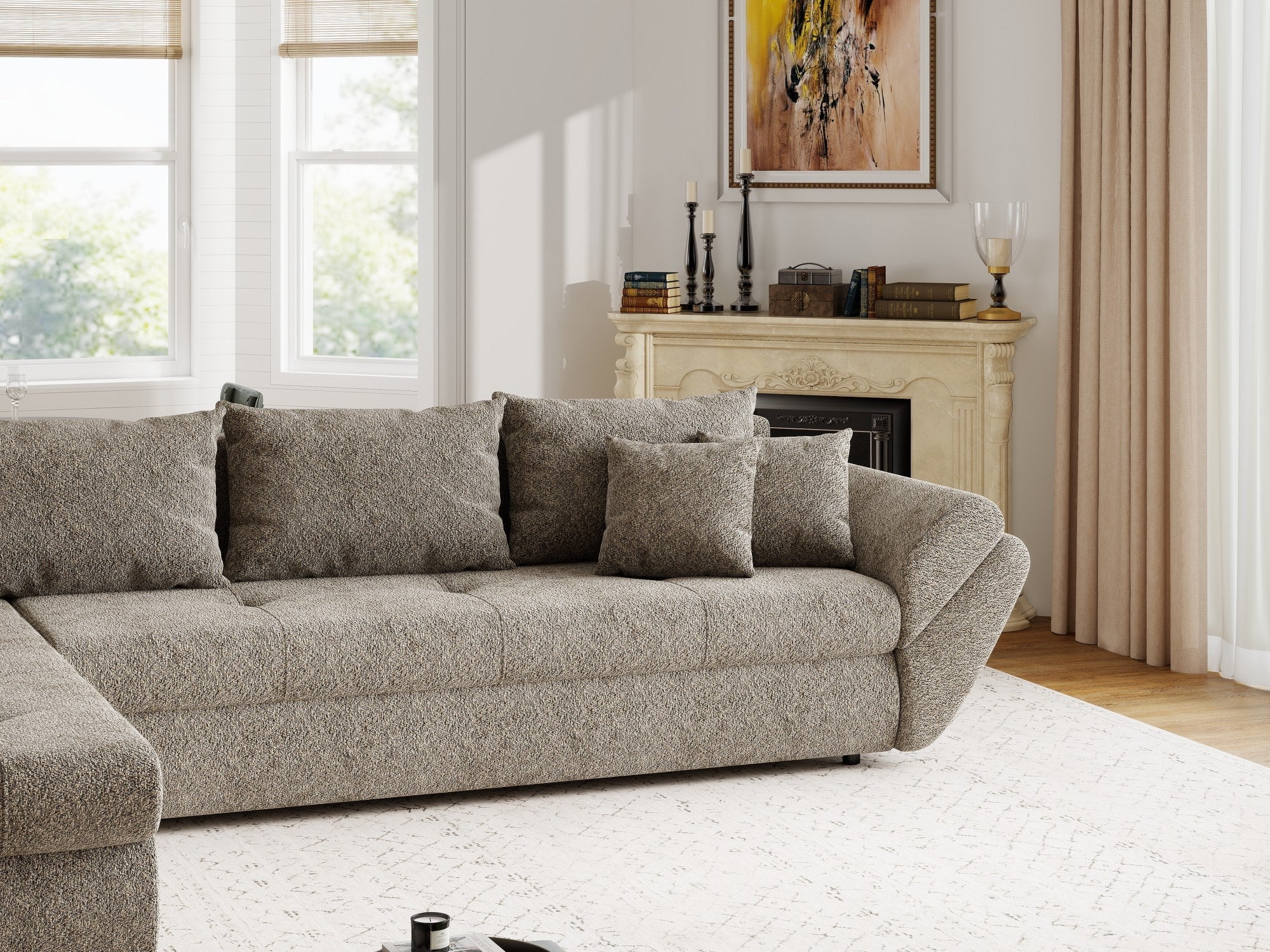 Colțar extensibil dumonde cu ladă de depozitare si sezut confortabil din spuma high-density, Loana XL Arena Maro 335x185 cm