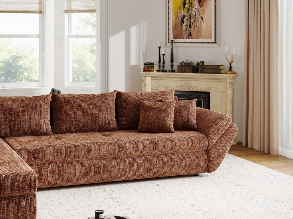 Colțar extensibil dumonde cu ladă de depozitare si sezut confortabil din spuma high-density, Loana XL Cremona Teracota 335x185 cm