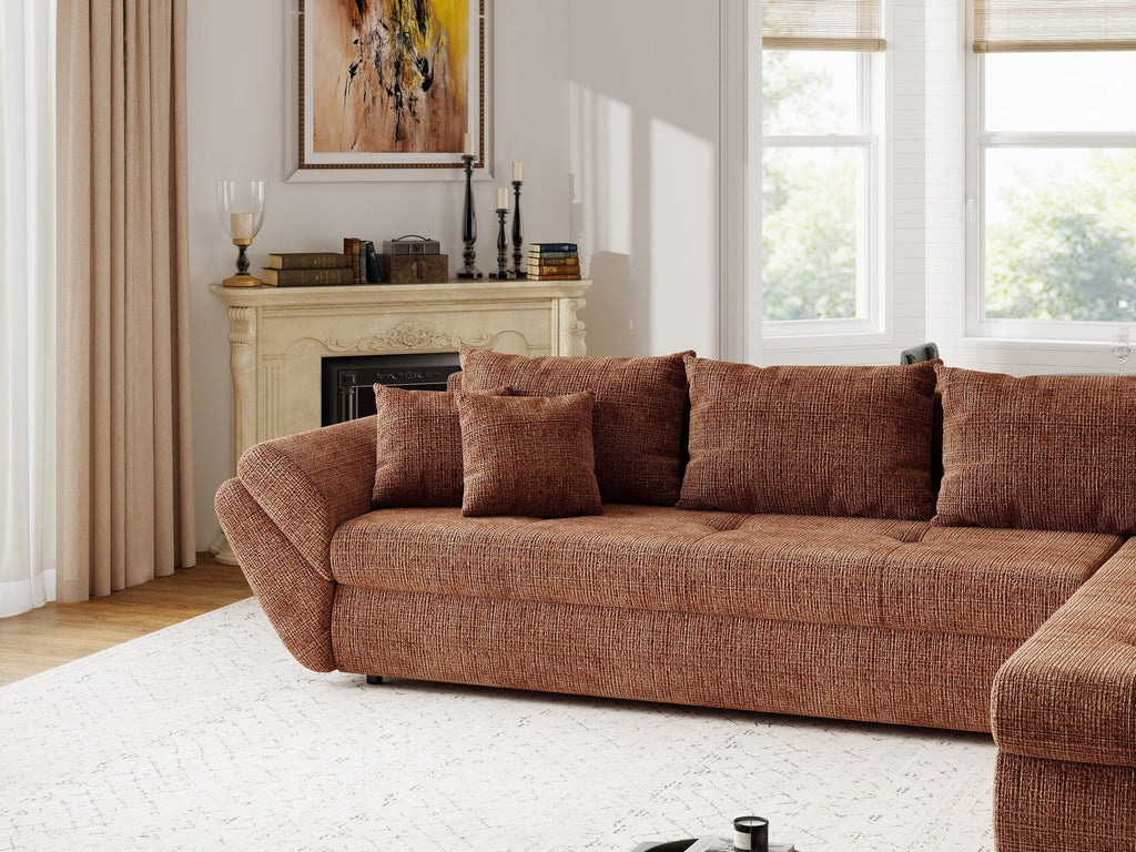 Colțar extensibil dumonde cu ladă de depozitare si sezut confortabil din spuma high-density, Loana XL Cremona Teracota II 335x185 cm