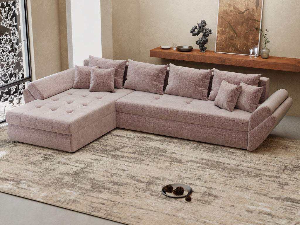 Colțar extensibil dumonde cu ladă de depozitare si sezut confortabil din spuma high-density, Loana XL Monolith Roz Pudrat 335x185 cm
