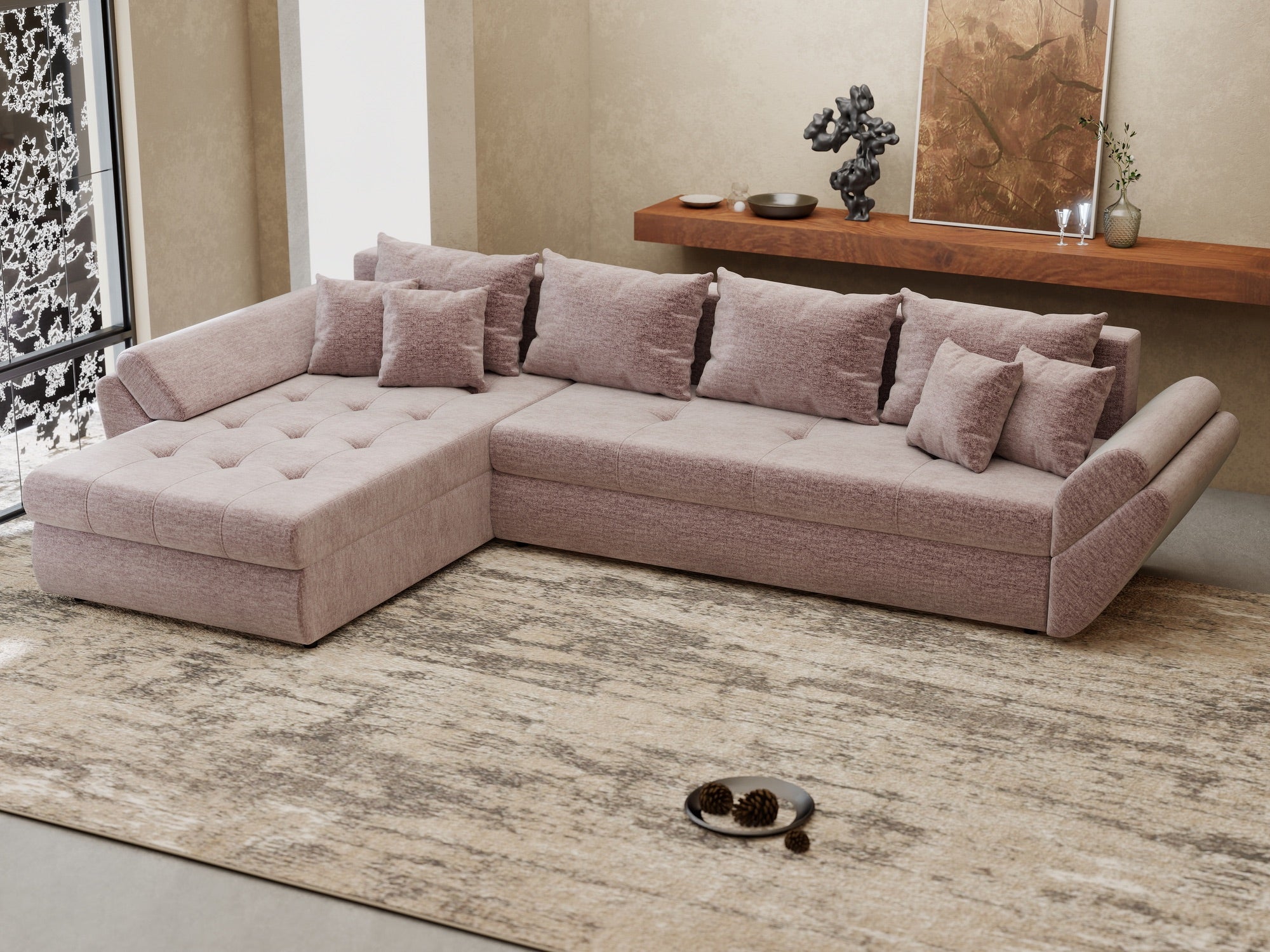 Colțar extensibil dumonde cu ladă de depozitare si sezut confortabil din spuma high-density, Loana XL Monolith Roz Pudrat 335x185 cm