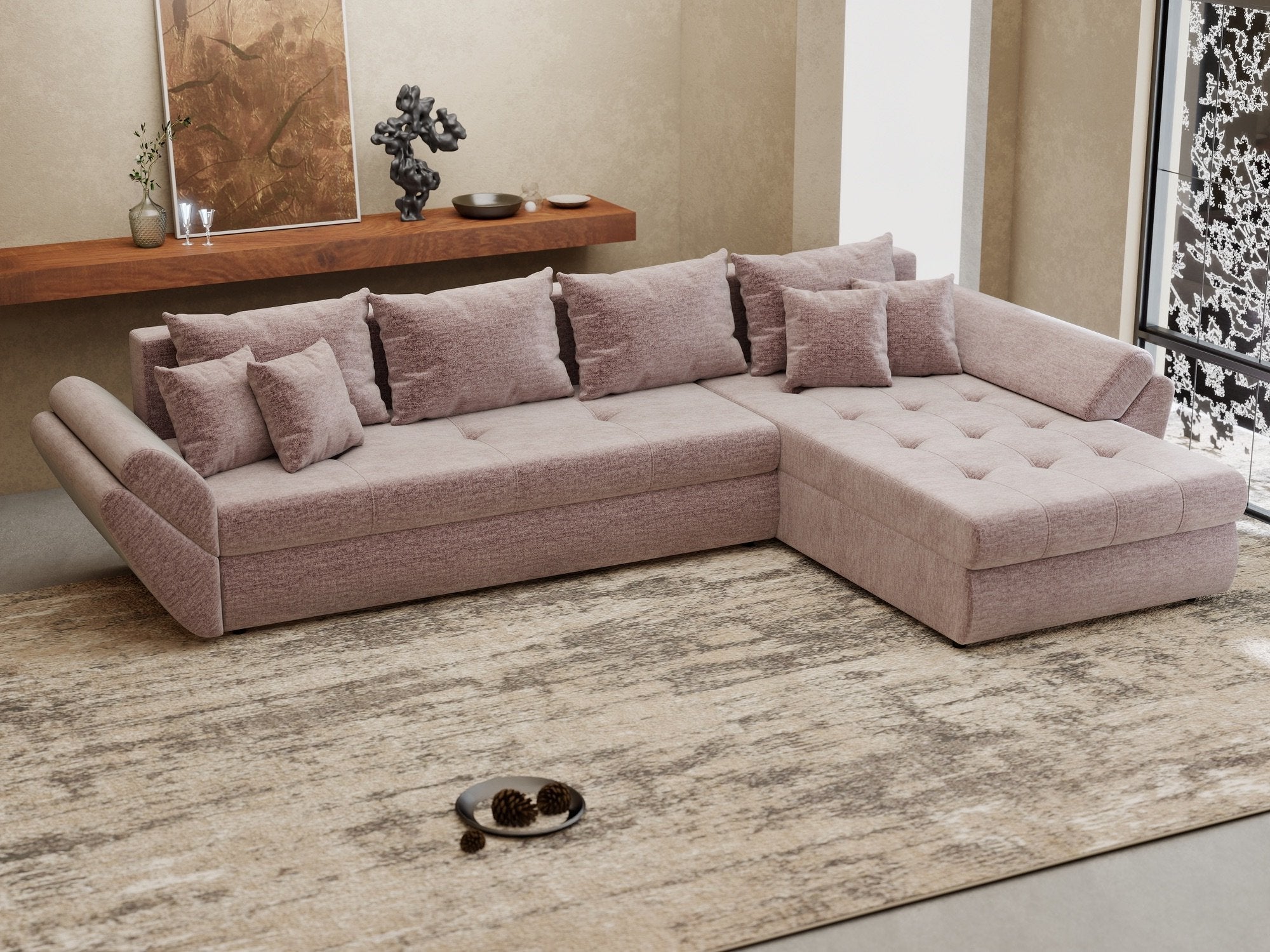 Colțar extensibil dumonde cu ladă de depozitare si sezut confortabil din spuma high-density, Loana XL Monolith Roz Pudrat II 335x185 cm
