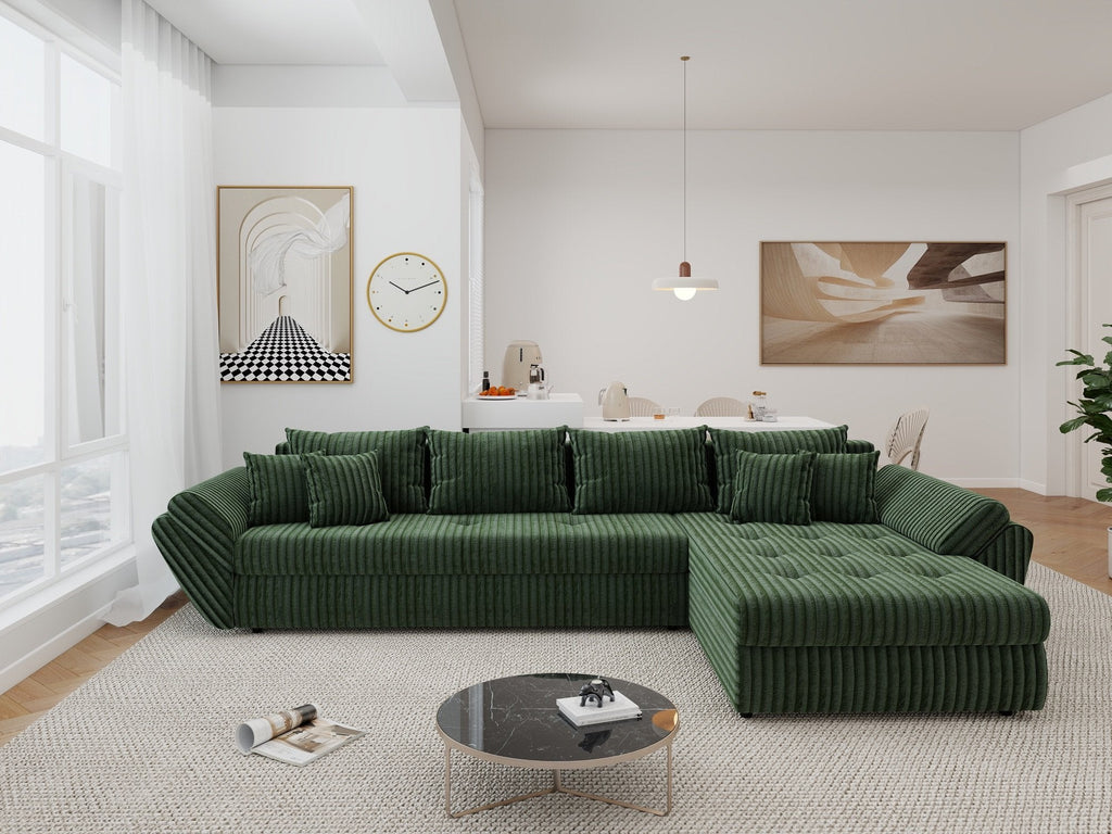 Colțar extensibil dumonde cu ladă de depozitare si sezut confortabil din spuma high-density, Loana XL Tilia Verde II 335x185 cm