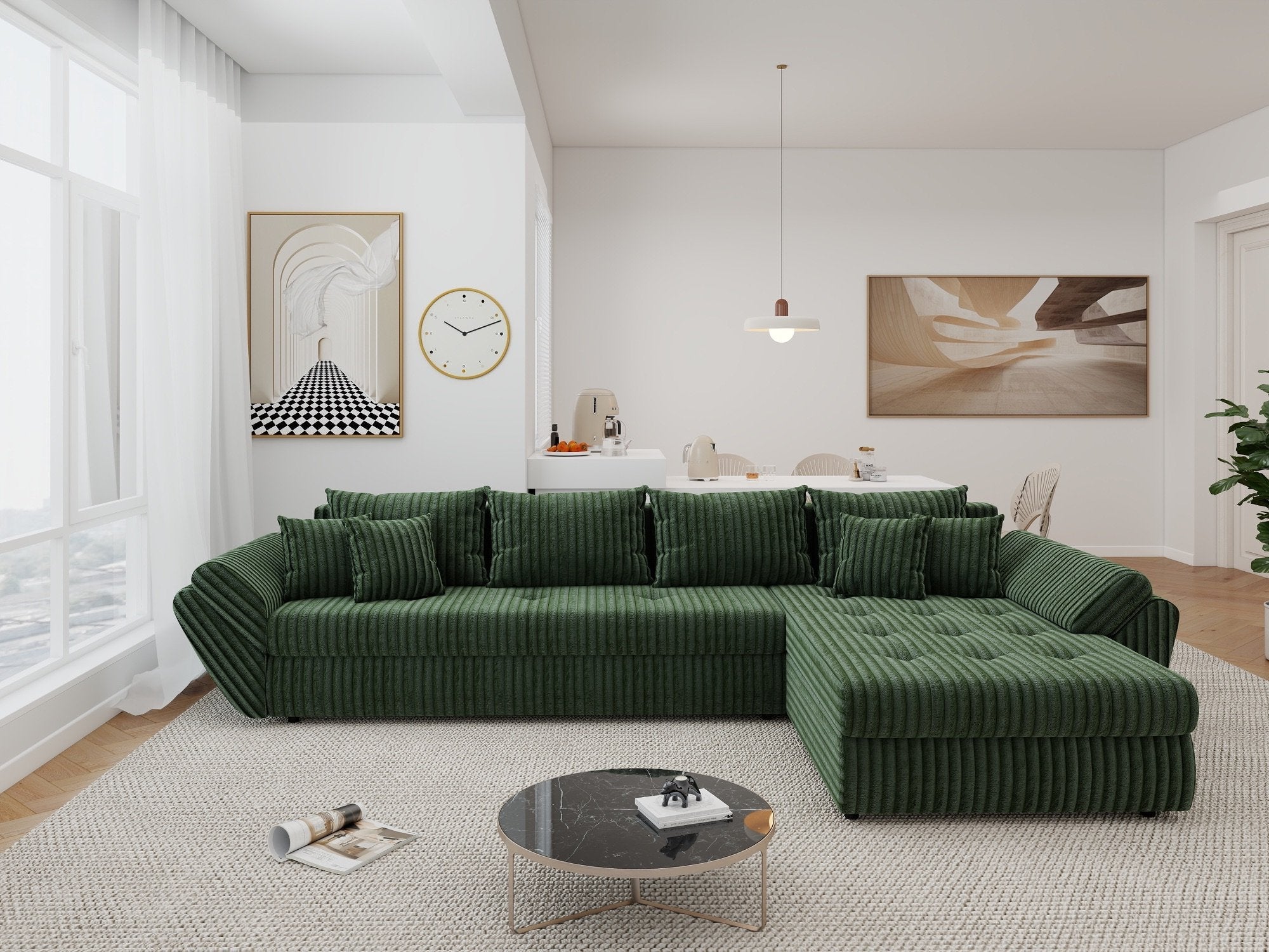 Colțar extensibil dumonde cu ladă de depozitare si sezut confortabil din spuma high-density, Loana XL Tilia Verde II 335x185 cm
