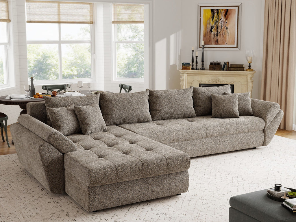 Colțar extensibil dumonde cu ladă de depozitare si sezut confortabil din spuma high-density, Loana XL Arena Maro 335x185 cm