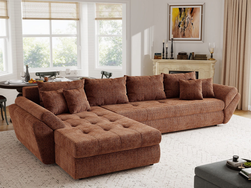 Colțar extensibil dumonde cu ladă de depozitare si sezut confortabil din spuma high-density, Loana XL Cremona Teracota 335x185 cm